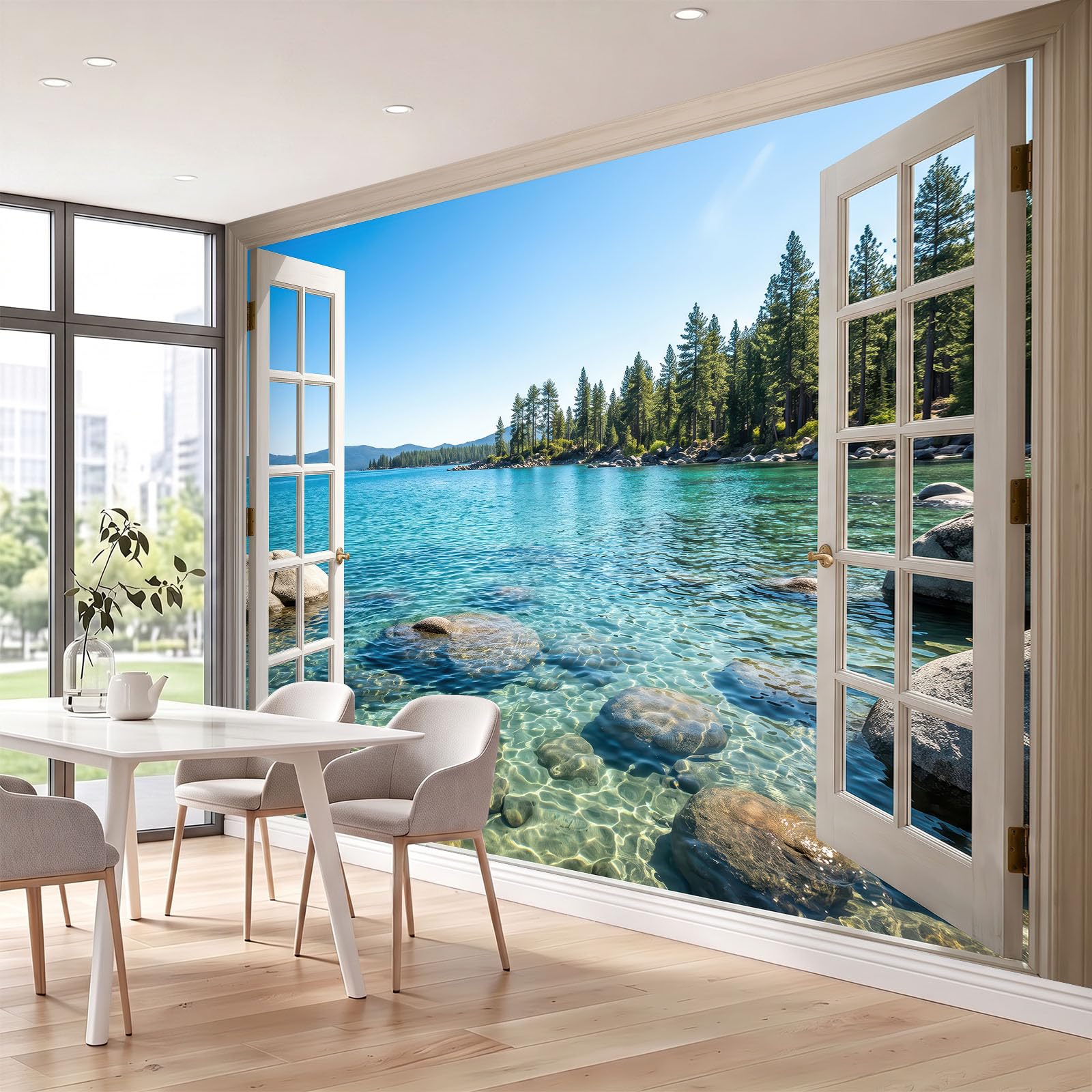Naturlandschaft Fototapete Vliestapete, 400 x 280 cm Tapete Panorama, See Felsen Wald Kiefern Fenster Tapeten Wanddeko für Wohnzimmer Schlafzimmer Flur, Blau Nicht Selbstklebend Wandtapete