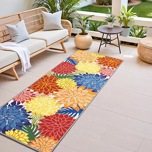 Miniatura 15 de Alfombra de área para exteriores de 5x8 pies, lavable, multicolor, alfombra de patio tropical botánica floral de felpilla impermeable para Azul