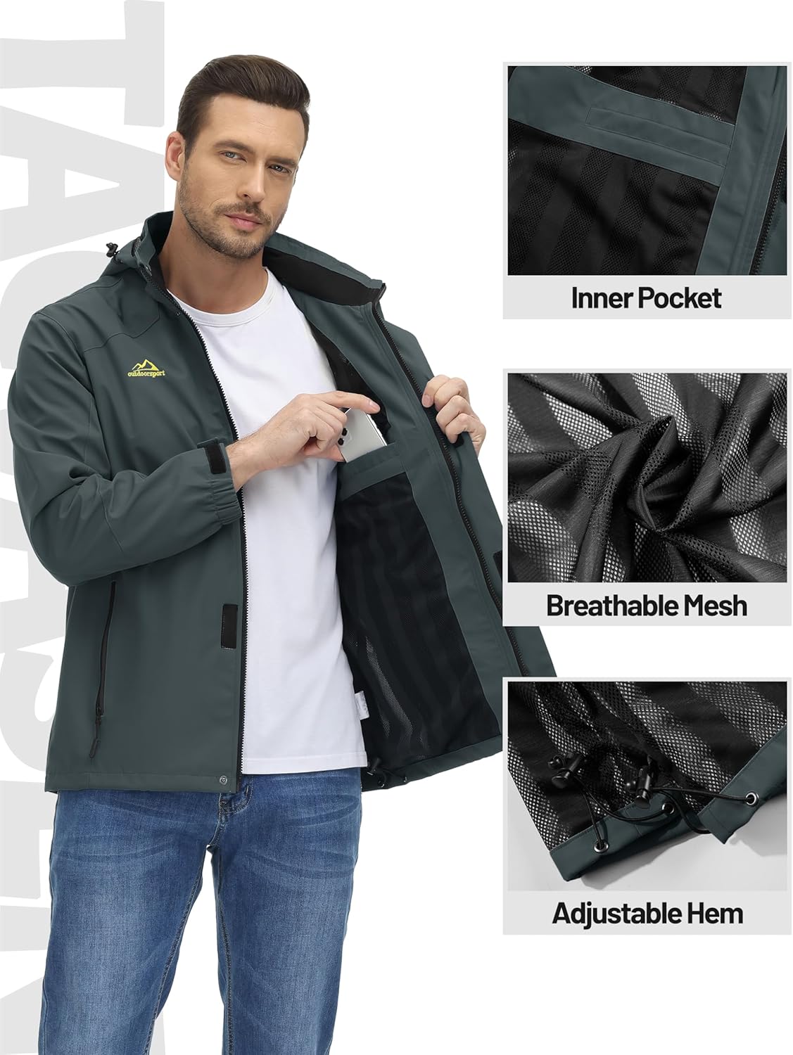 TACVASEN Men's Rain Jacket Lightweight Windbreaker with Hooded Water Resistant Outdoor Raincoat for Hiking Travel Camping - Image 7