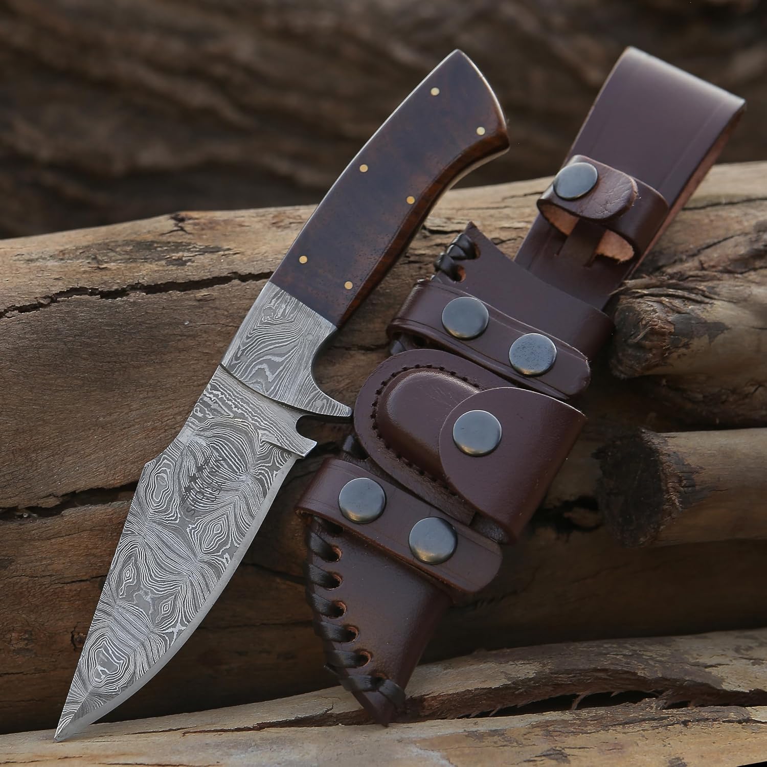 SHOKUNIN USA Custom Hunting Knife - Personalized Knife Gifts for Men - Exotic Rose Wood Handle - Handforged Damascus Steel Blade, 5-in Full Tang Fixed Blade Handmade Knifes