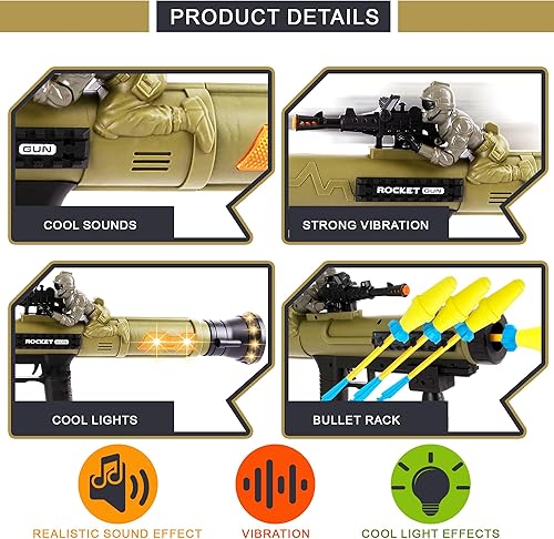 Miniatura 3 de ArtCreativity Lanzacohetes de juguete, pistola RPG con 3 cohetes de espuma, lanzacohetes iluminados para niños, sonido fresco, vibración y efectos