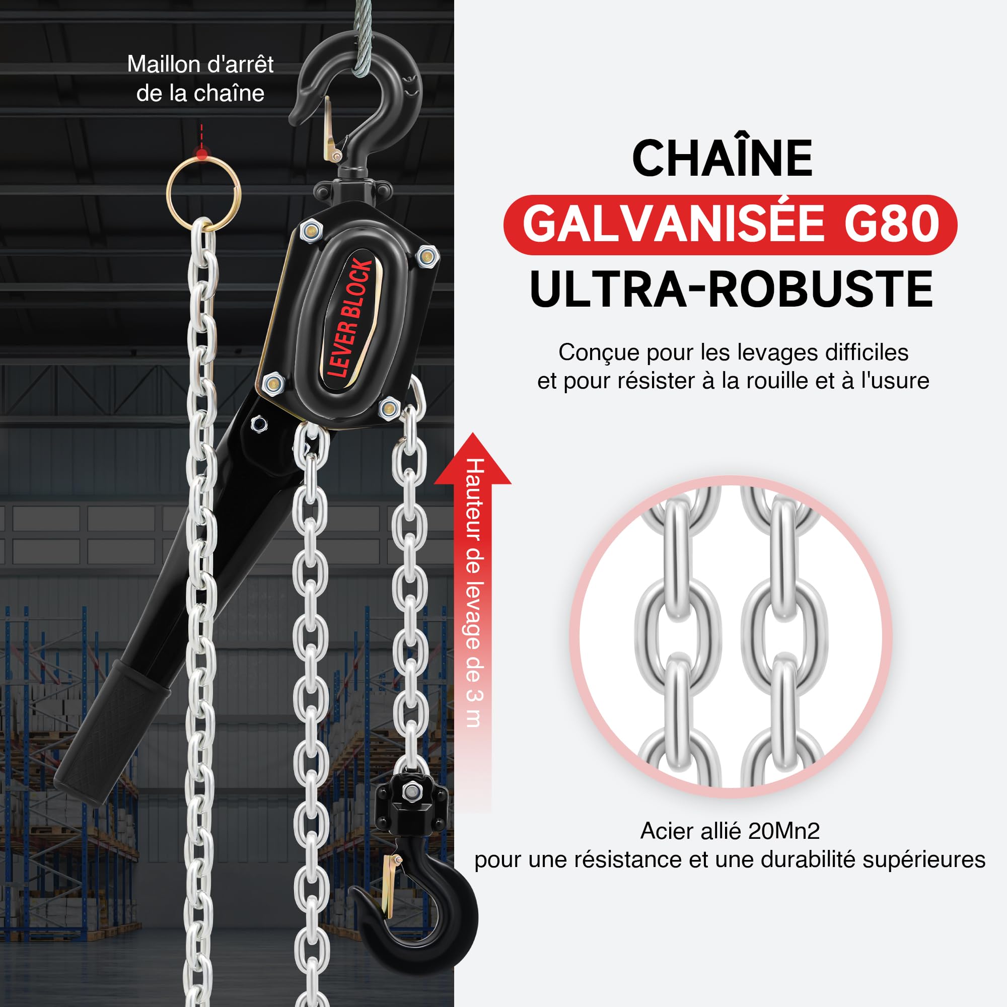 CREWORKS Palan à Chaîne avec Crochet Robuste, Capacité 1,5T avec Chaîne Galvanisée G80 et Crochets Pivotants, Palan Manuel à Levier 3m pour Bâtiment Entrepôt Usine Automobile