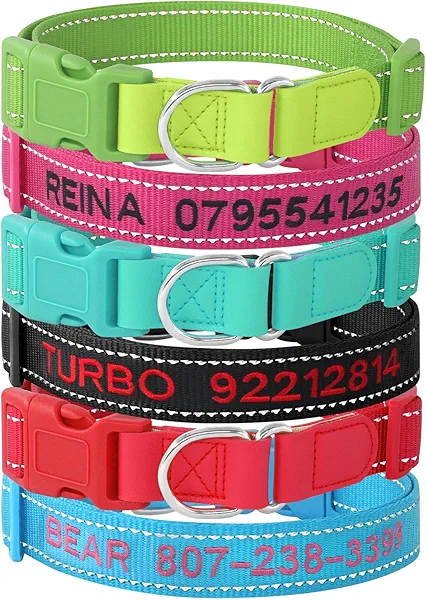 Custom Nylon Reflective Dog Collar, Personalized Embroidered Dog Collar with Name and Phone Number, Upgraded D-Shaped Leather Ring, 4 Adjustable Sizes - for Boy, Girl Dogs (Embroidery)