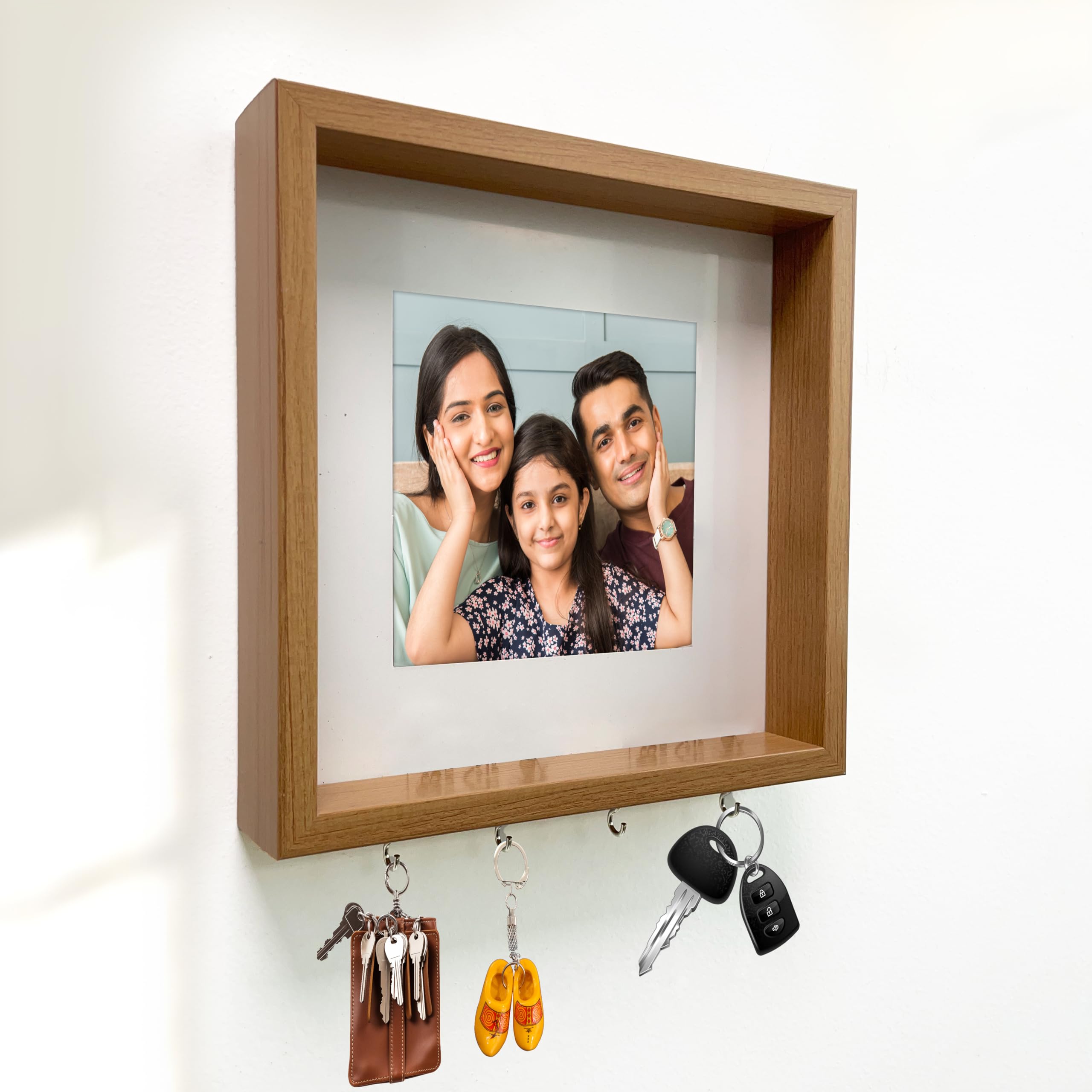 Art Street Key Holder With Photo Frame for Wall Mount Brown Wooden Design Key Holder, Engineering Wood Key Hangers With 4 Key Hooks, Home Entryway Essentials for Home Décor (Size 8x8 Inch)-picture-13