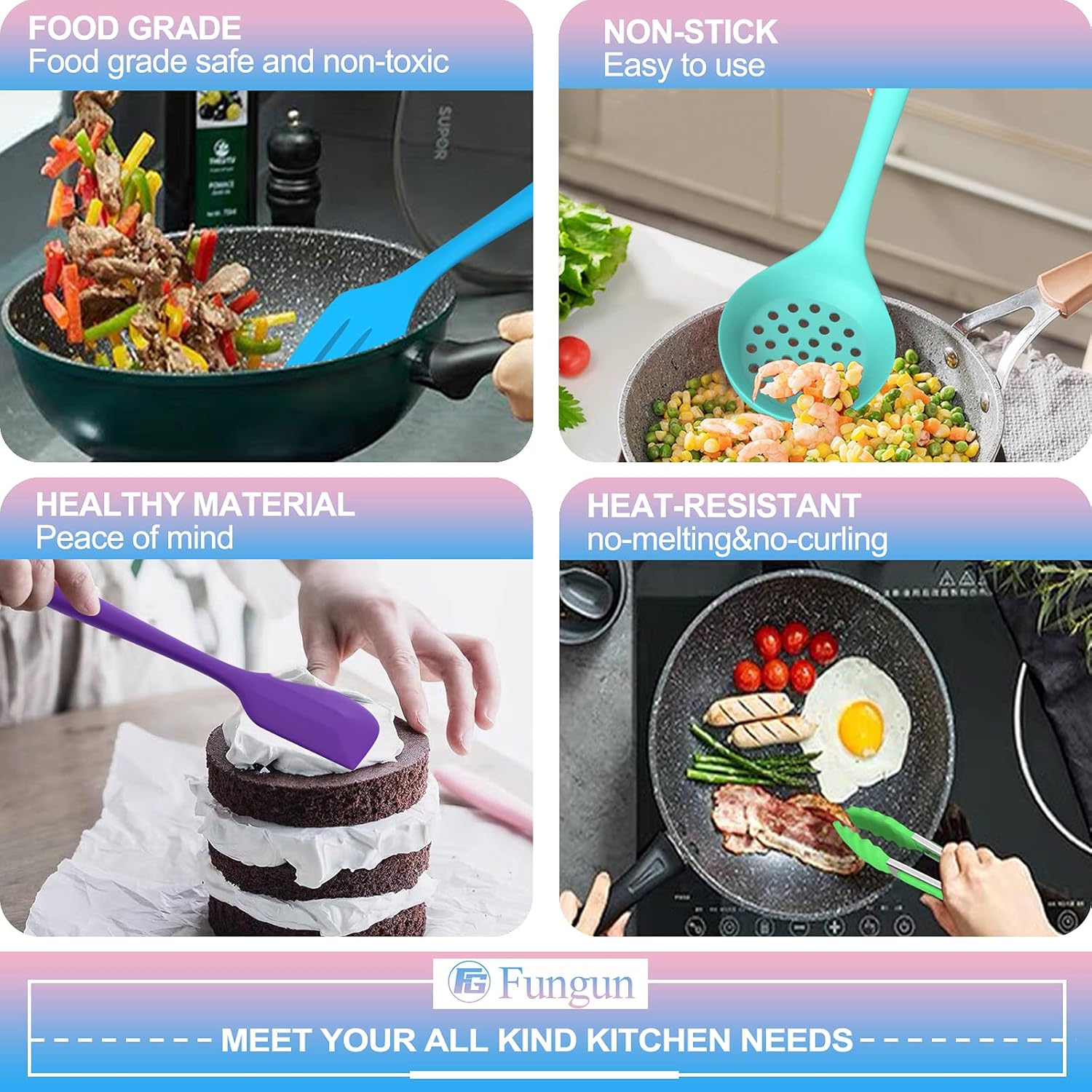 Silicone Cooking Utensils Kitchen Utensil Set- Fungun 26 Pcs 446°F Heat Resistant Tongs Spatula Spoon Kitchen Utensils Set with Holder, BPA Free Kitchen Gadget Tool Set for Nonstick Cookware(Colorful) : Home & Kitchen
