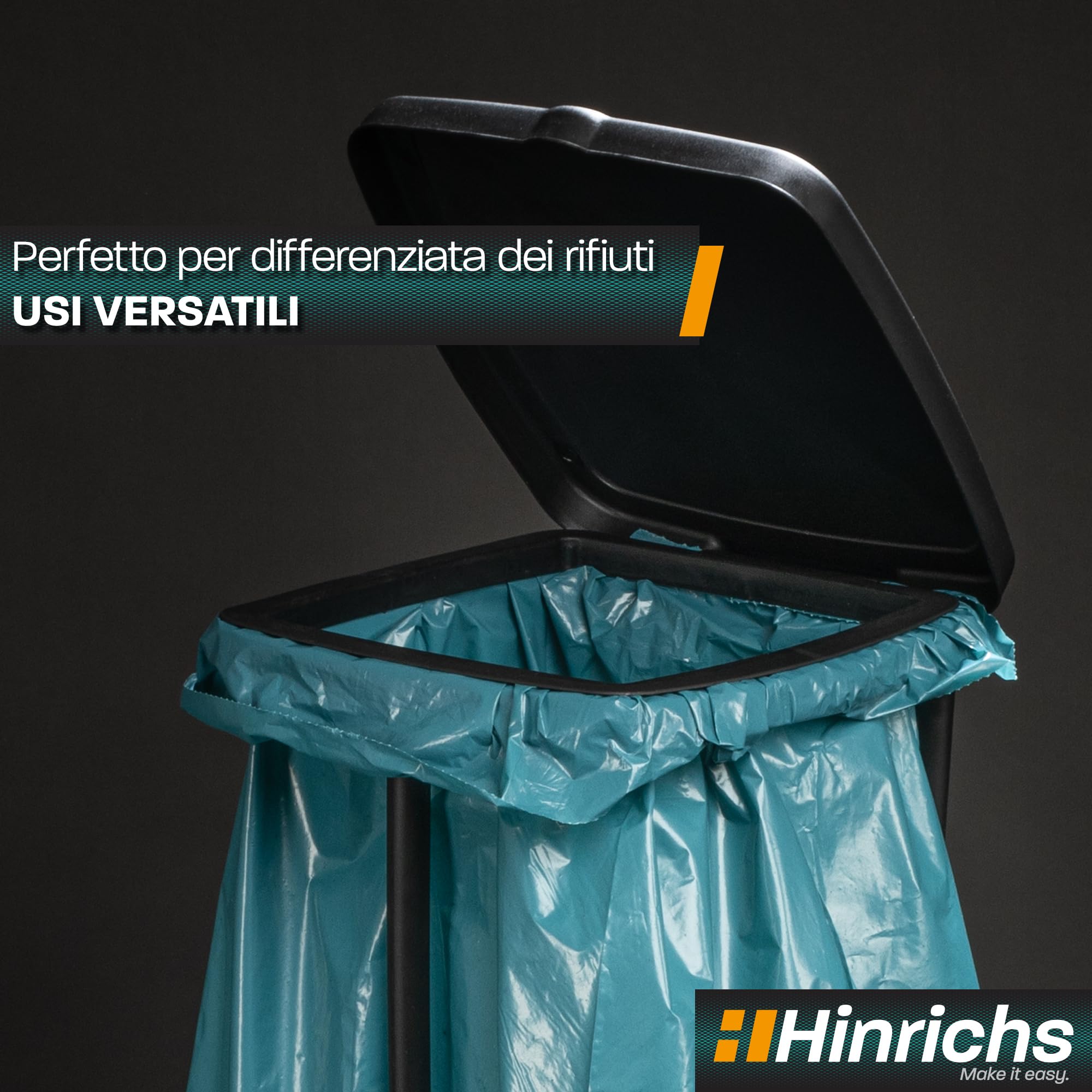 Hinrichs Supporto per sacco della spazzatura 120L - Supporto per sacco della spazzatura regolabile in altezza con coperchio per sacchi della spazzatura da 120L - Incl. 2 sacchetti per spazzatura 120L