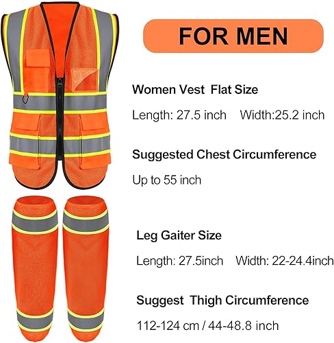 Miniatura 2 de Tellegloww 2 Sets Reflective Vest Suit for Men Women, 2 Pcs High Visibility Safety Vest with 3 Pockets and 2 Pairs Reflective Leg Gaiters
