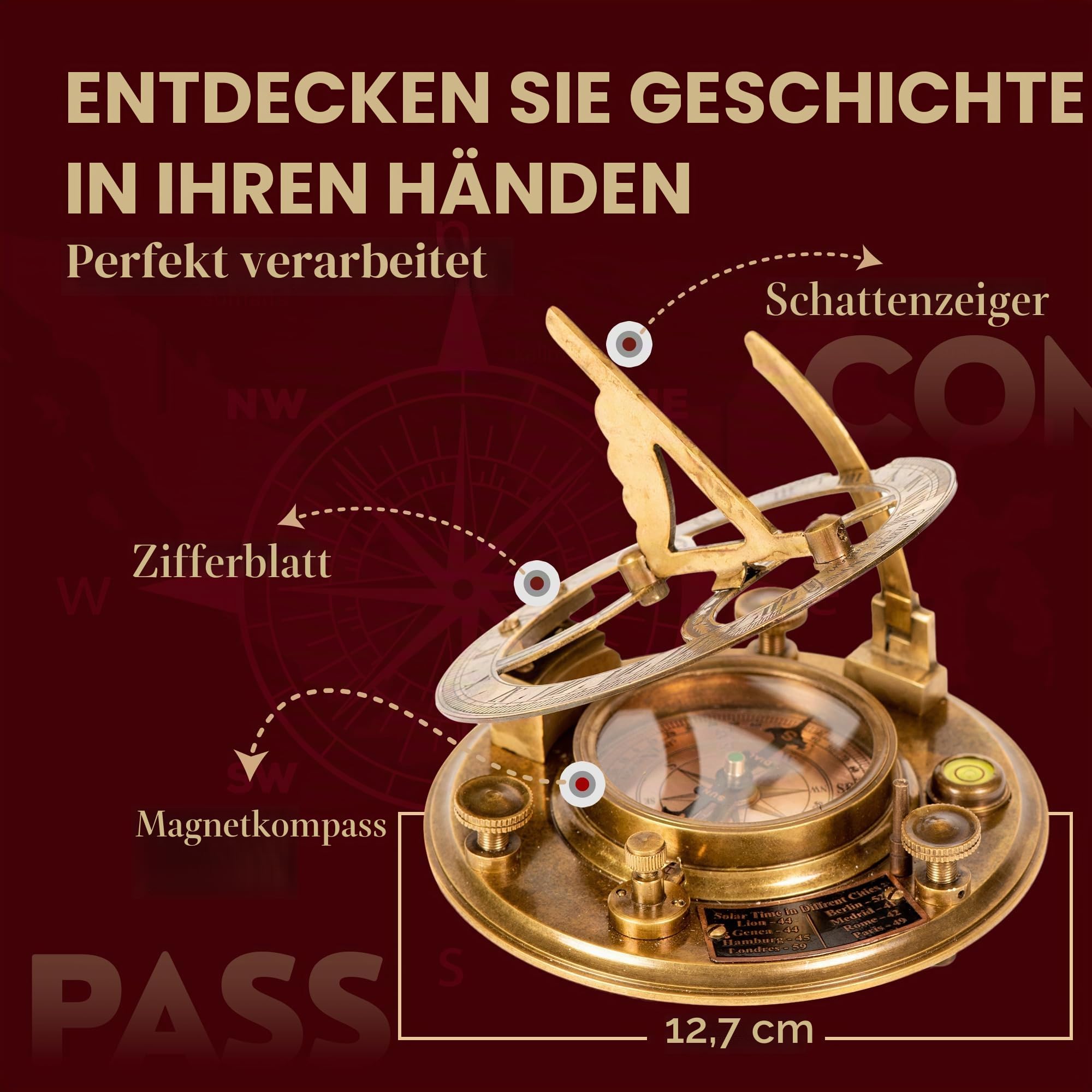 Steampunk-Sonnenuhr-Kompass mit Holzbox und Diagramm, Antik-Look, 12,7 cm