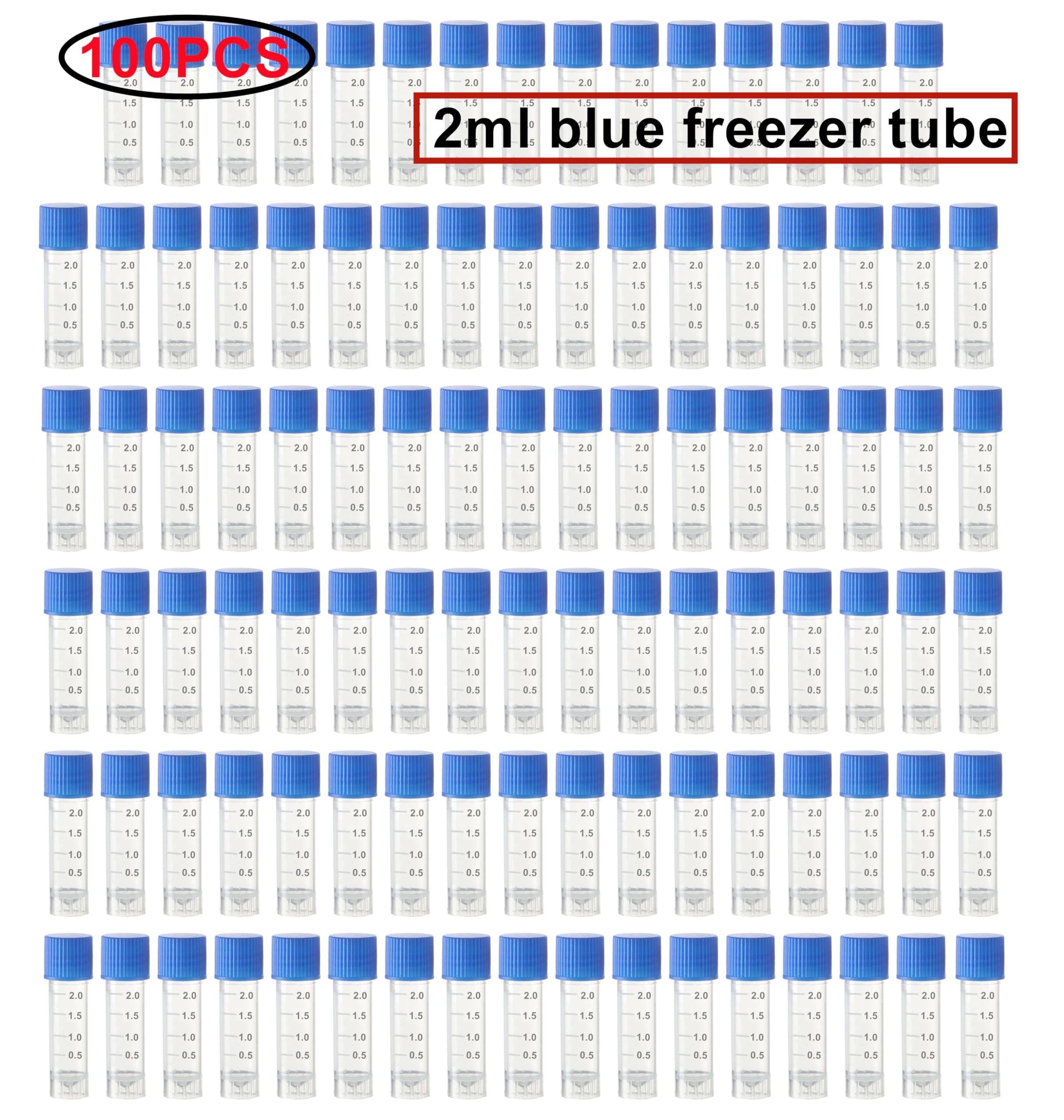 HUAZIZ 100 Piezas 2 Ml Tubos de Ensayo Plástico, Tubo Criogénico, Vial con Tapa de Tornillo Azul para Laboratorio