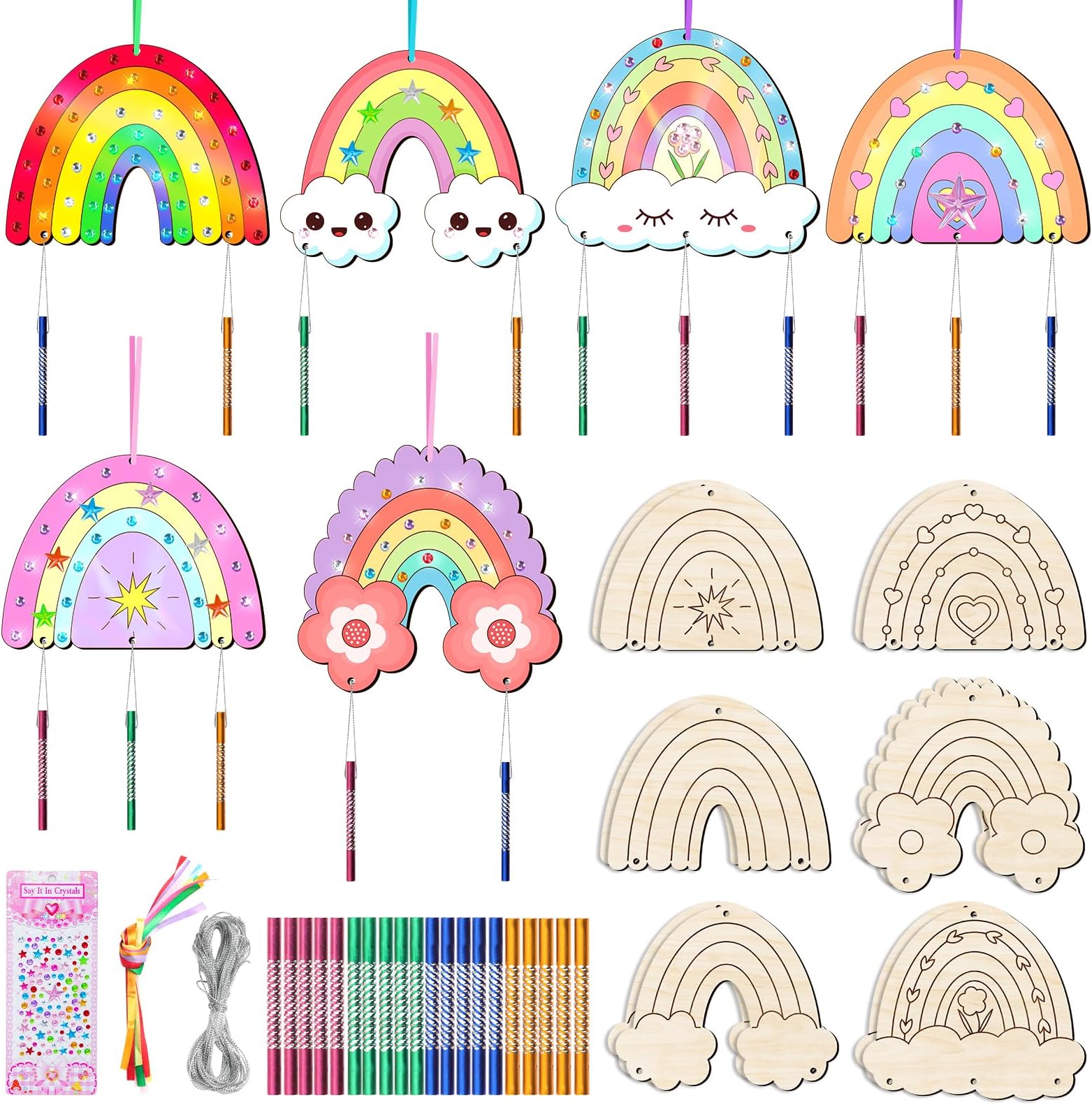 12 Pack Wind Chime Kit for Kids Make Your Own Wind Chime DIY Wood Arts and Crafts Decorative Coloring Wooden Hanging Ornaments for Girls Boys Home School Activity Party Supplies(Boho Rainbow)