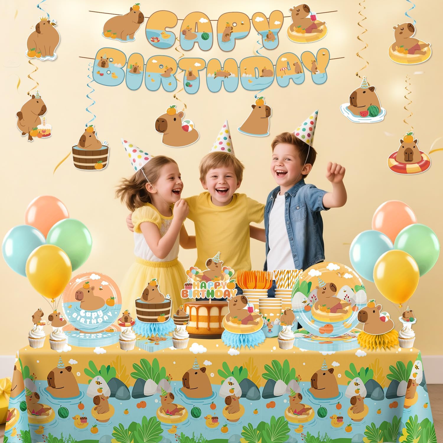 213 PCS Capybara Birthday Decorations Tableware Set, Includes Banner, Cake Topper, Balloons, Plates and Napkins for Capybara Birthday Party, Service 25 Guests - Image 2
