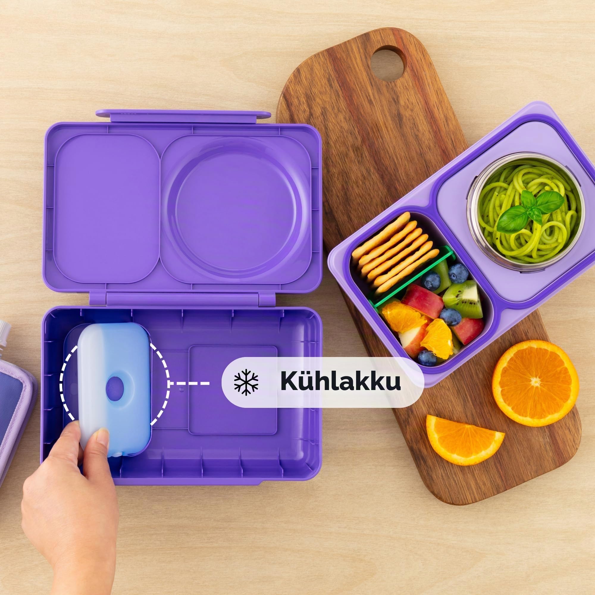 Omie Box UP Bento-Box für Kinder, isolierte Lunchbox, auslaufsicheres Thermo-Glas, kühleres Eispack, 2 Fächer, Galaxie-Lila