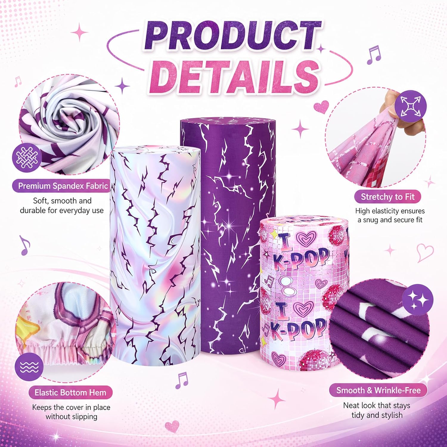 Irenare 3 Sets Kpop Glitter Spandex Cylinder Stand Covers for Party Music Dessert Tables Display Purple Kpop Theme Tattoo Design for Disco Party Birthday Wedding Masquerade Backdrop Decor