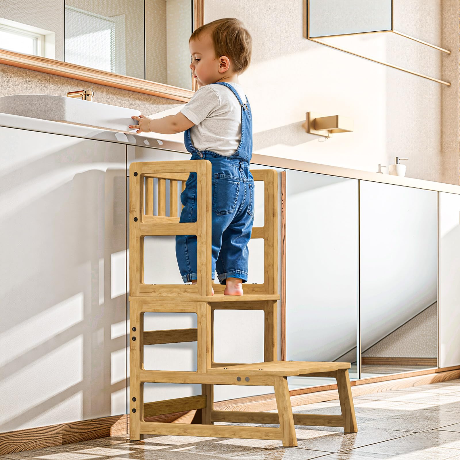 COSYLAND Tour d’Observation Montessori pour Enfant – Chaise d’Apprentissage Bébé Sécurisée, Tabouret en Forme Nuage Antidérapant pour Salle de Bain, Toilettes et Chambre – Natural