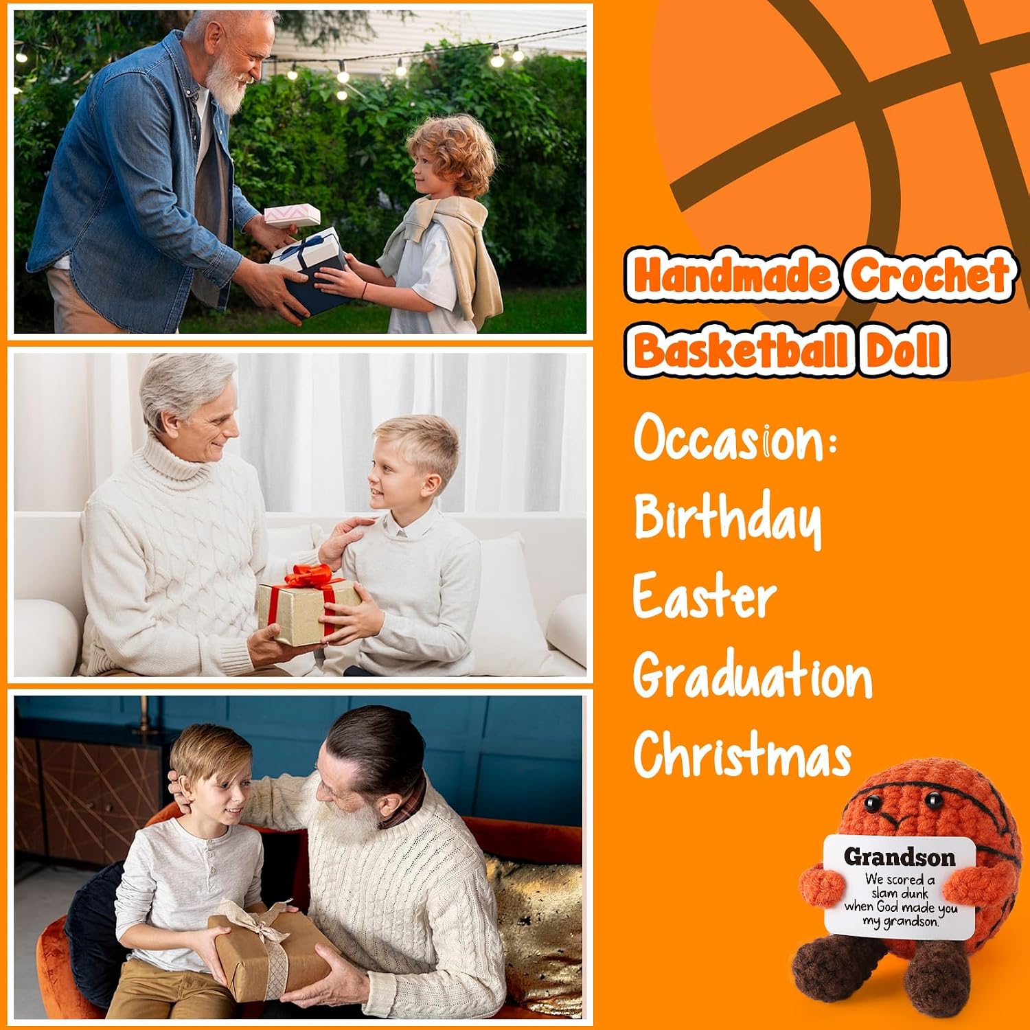 Gifts for Grandson from Grandma Grandpa - Handmade Crochet Basketball, Graduation Birthday Xmas Presents for Him, Best Grandson Ever Gift - Christmas Stocking Stuffer Gifts for Grandsons