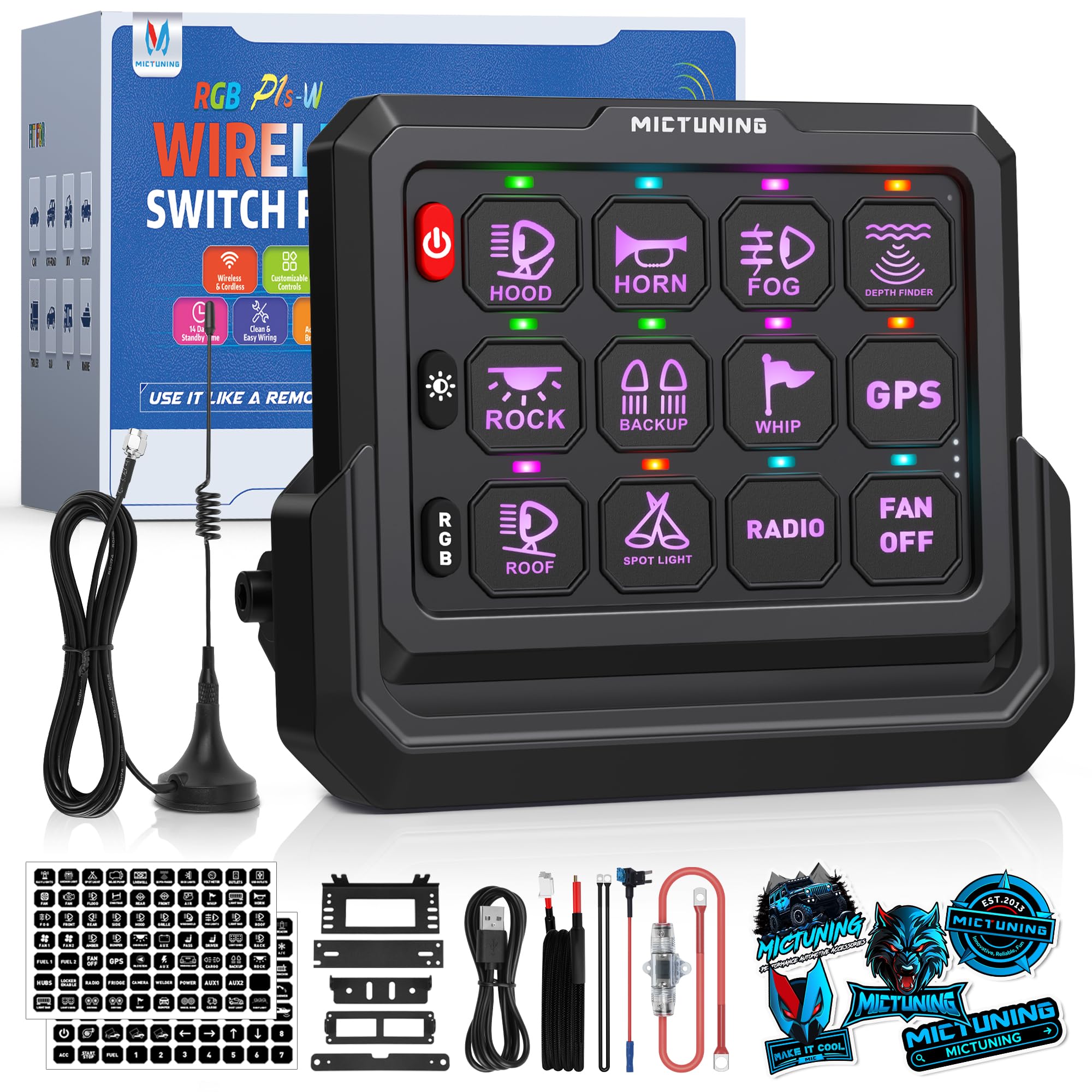 Photo 1 of ***MISSING PIECES***MICTUNING P1s-W 12 Gang RGB Wireless Switch Panel, 328FT 433MHz Remote Range, Up to 4-Panel Sync, Multi-Function Backlit Toggle/Pulsed/Momentary/Strobe Control for Offroad Trucks & Cars, Plug and Play