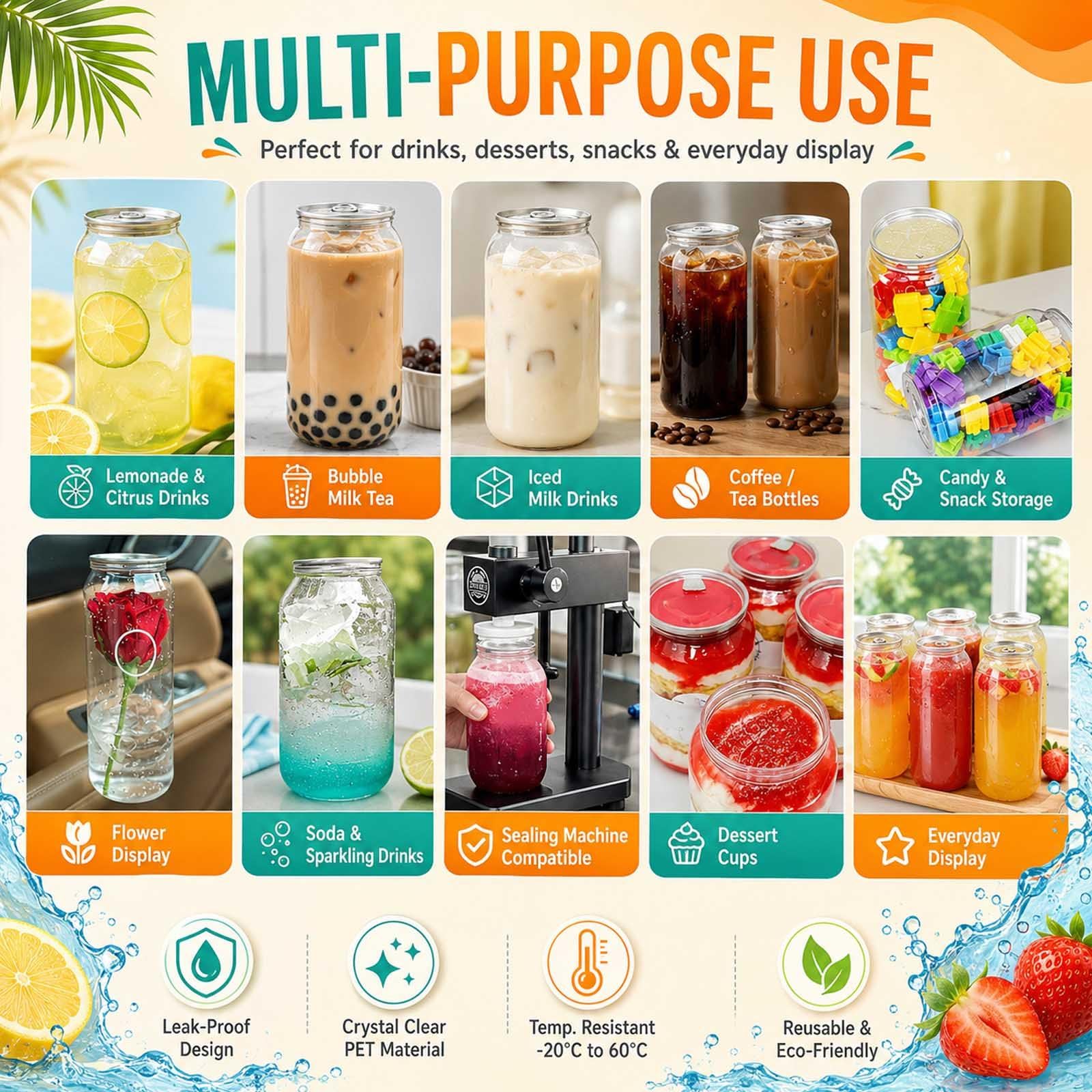 Pack De 200 Latas De Plástico Pet Transparente con Tapas, Vasos Sellables para Máquina Selladora De Latas, Recipientes Vacíos para Bebidas, Jugo,Té con Leche,Café Helado 330ml