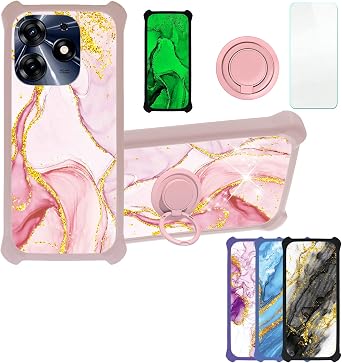 Aroepurt Case for Tecno Spark 10 Pro Case Compatible with Tecno Spark 10 Pro Phone Case Cover [with Tempered Glass Screen Protector][PC + TPU 2 in 1][Ring Support] [Gold Glitter+Luminous] JSF-FDL