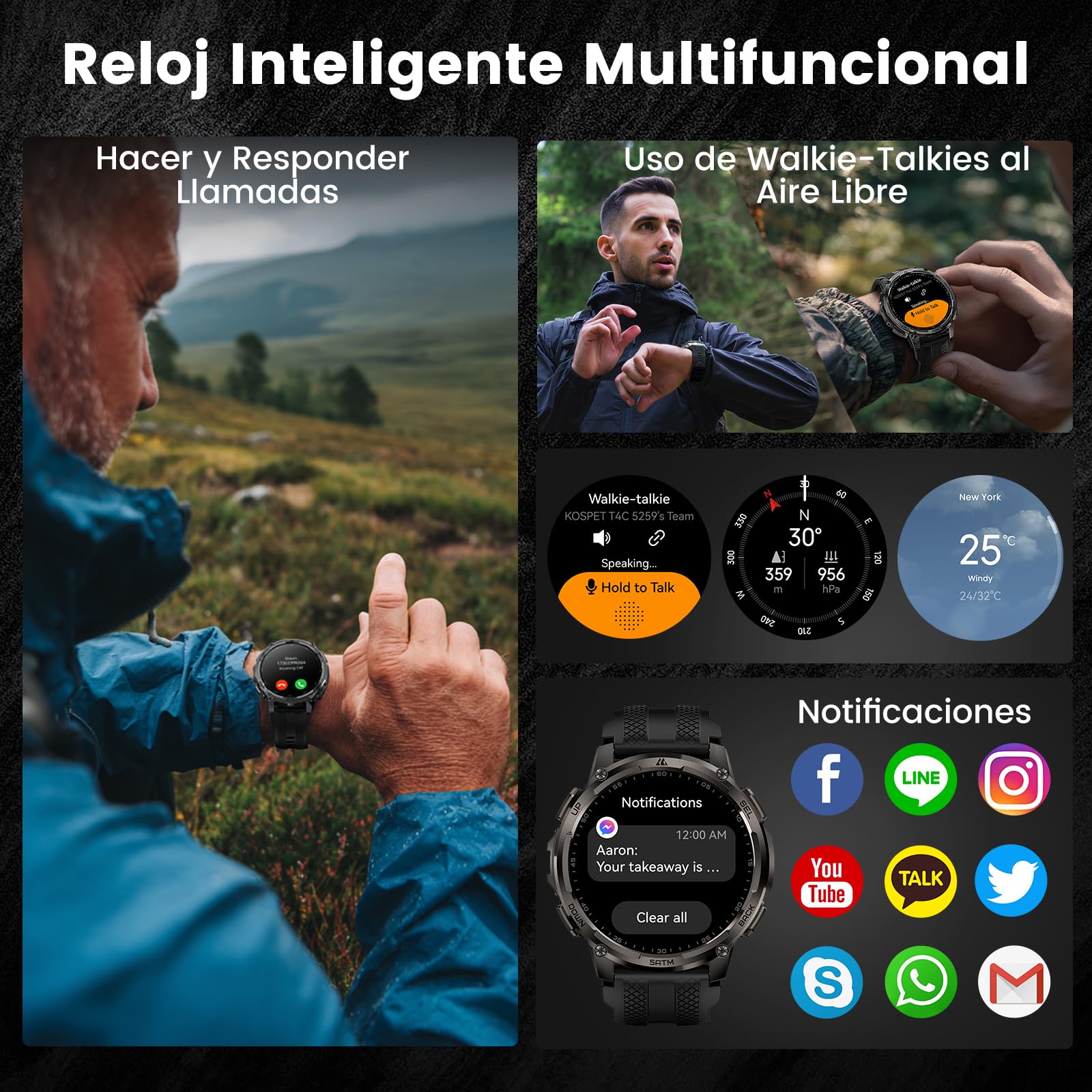 KOSPET Tank T4C Reloj Inteligente Hombre con LED, Pantalla AMOLED 1,5”, GPS Doble Banda y Brújula, Batería 50 Días, Frecuencia Cardíaca y Sueño 24/7, Resistente 50 m, Llamadas