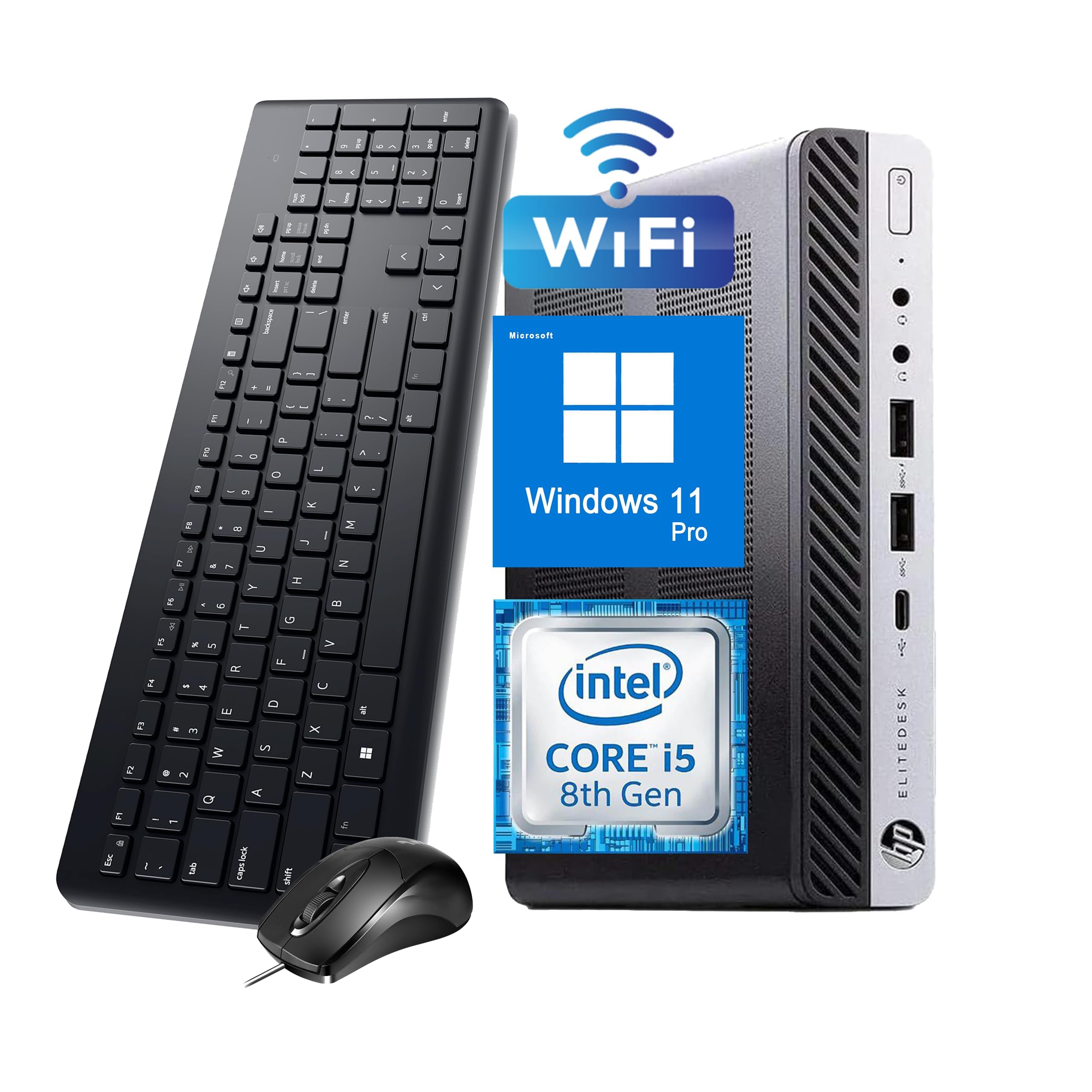 HP EliteDesk 800 G4 Mini PC de bureau Intel Core i5-8500, 8 Go de RAM, SSD 256 Go, WiFi, Bluetooth, clavier américain, Windows 11 Pro (reconditionné)