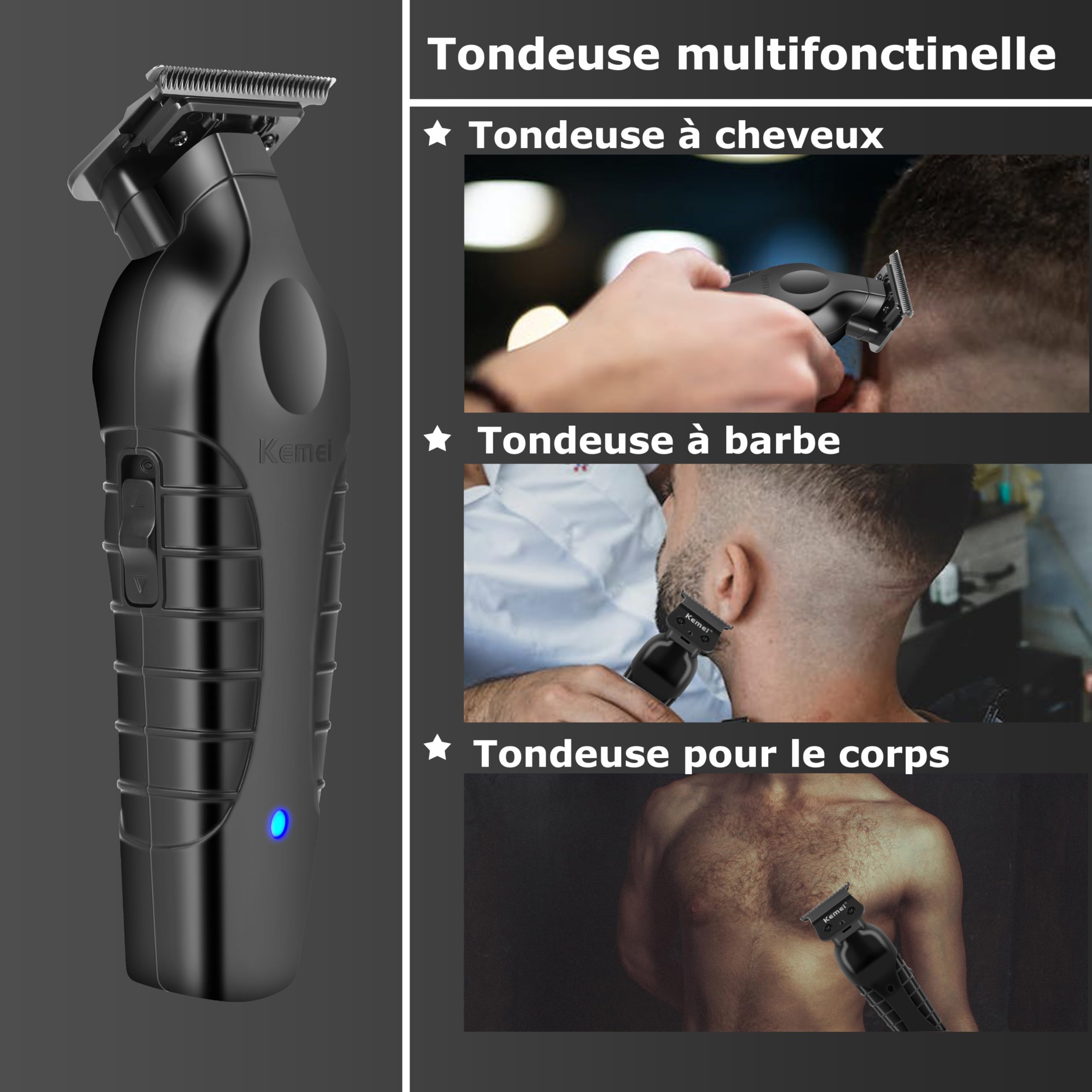 Kemei PG2299 Tondeuse à Cheveux/Barbe Professionnelle pour Hommes, Tondeuse à Zéro Écart avec Lame en T, Sans Fil et Rechargeable