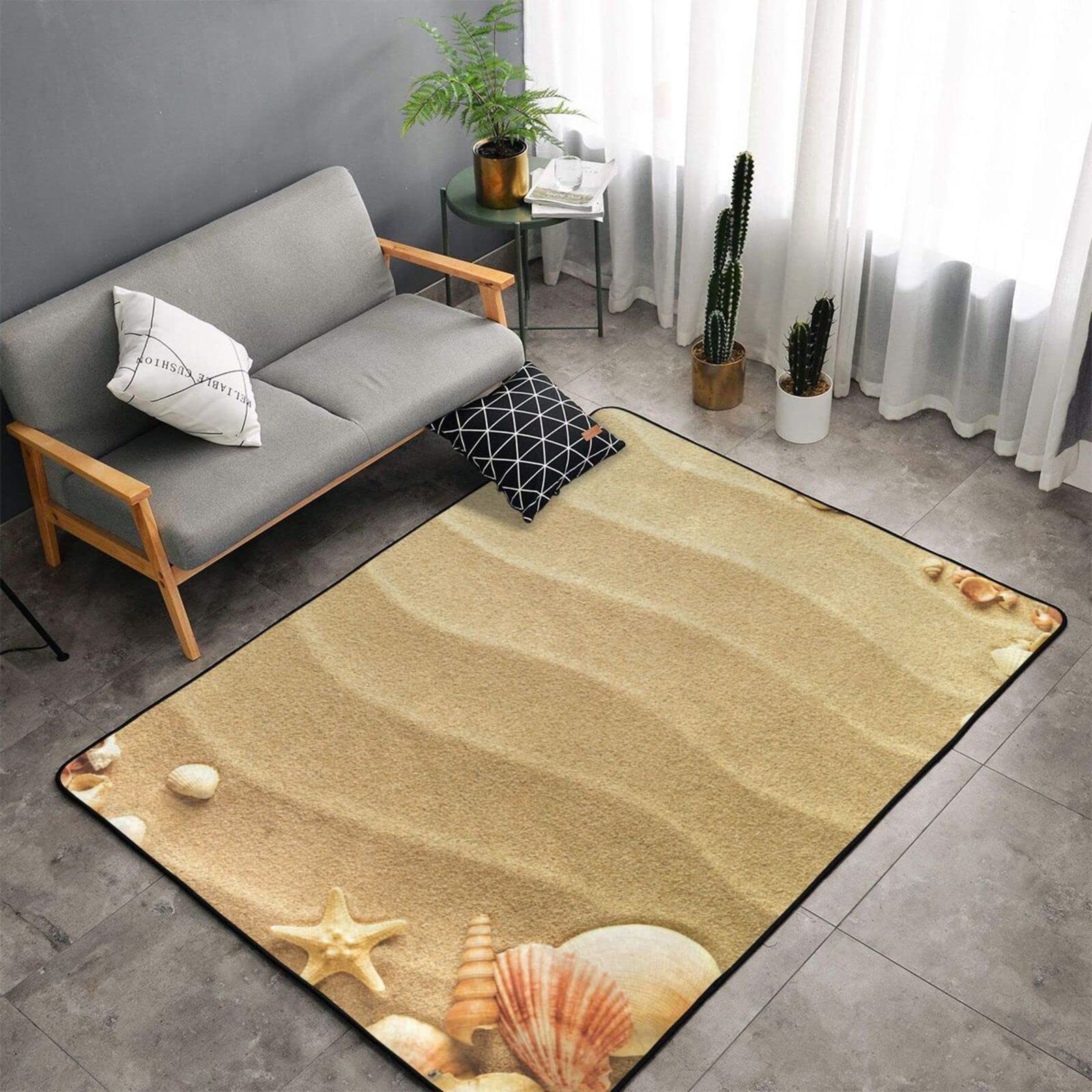 Tapis de sable de plage et coquillages. Antidérapant et durable, doux au toucher. Convient pour le salon, la chambre, le balcon et le bureau. 100 x 150 cm