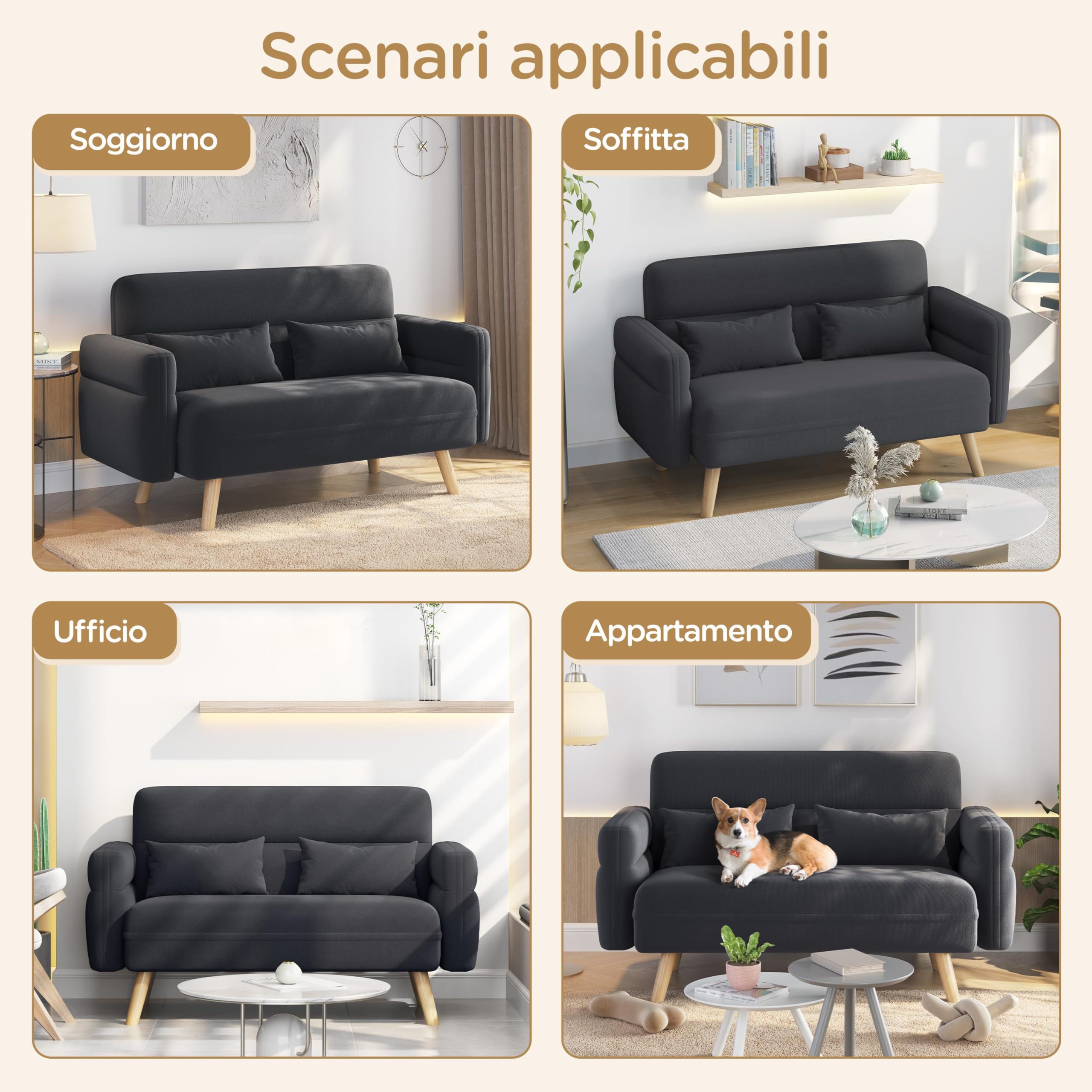 Yaheetech Divano Imbottito a 2 Posti Divanetto in Tessuto con Cuscini Lombari Gambe in Legno Massiccio Divano per Piccoli Spazi Dormitorio Ufficio Camera da Letto Grigio Scuro