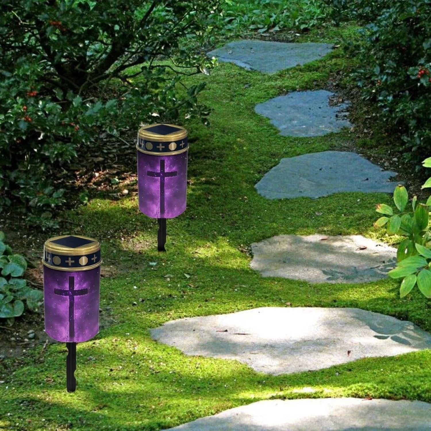 Poceacles Cross Solar Lights Pack of 6 Waterproof Solar Garden Lights Cemetery Solar Outdoor Lights Outdoor Stake Automatic Solar Lantern for Cemetery Grave Decoration, Cross Galaxy Violet