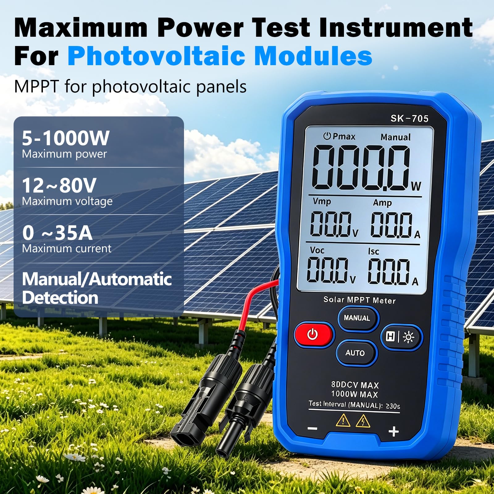 Solar MPPT Leistungstester 1000 W – Photovoltaik Panel Multimeter mit 3,2″ LCD, Solar-Prüfgerät für Voc, Isc, Vmp, Pmax, Auto/Manuell, für PV-Module bis 80 V / 35 A