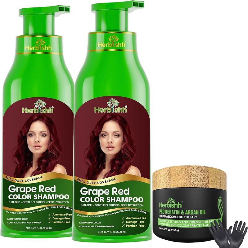 Herbishh Ultimate Hair Color Kit (2 Pcs Grape Red + 1 Argan Mask) for Grey Hair - Permanent, Long-Lasting, Easy-to-Apply Color Shampoo for Men and Women