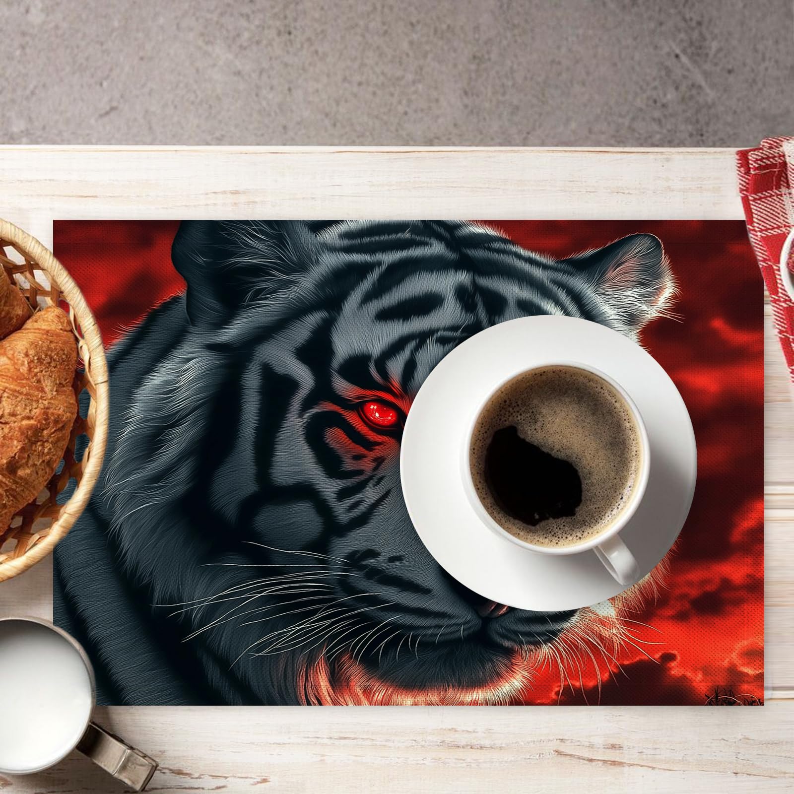 Set di 8 Tovagliette Americane Lavabili Cotone Lino Arte fantasy - Tovaglietta Americana Stoffa Resistenti al Calore Durevole Tigre bianca- per Colazione Pranzo