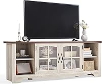 LINSY HOME Farmhouse TV Stand for 65 Inch TV - Rustic Wood Entertainment Center with Glass Doors, Adjustable Shelves & Cable Management