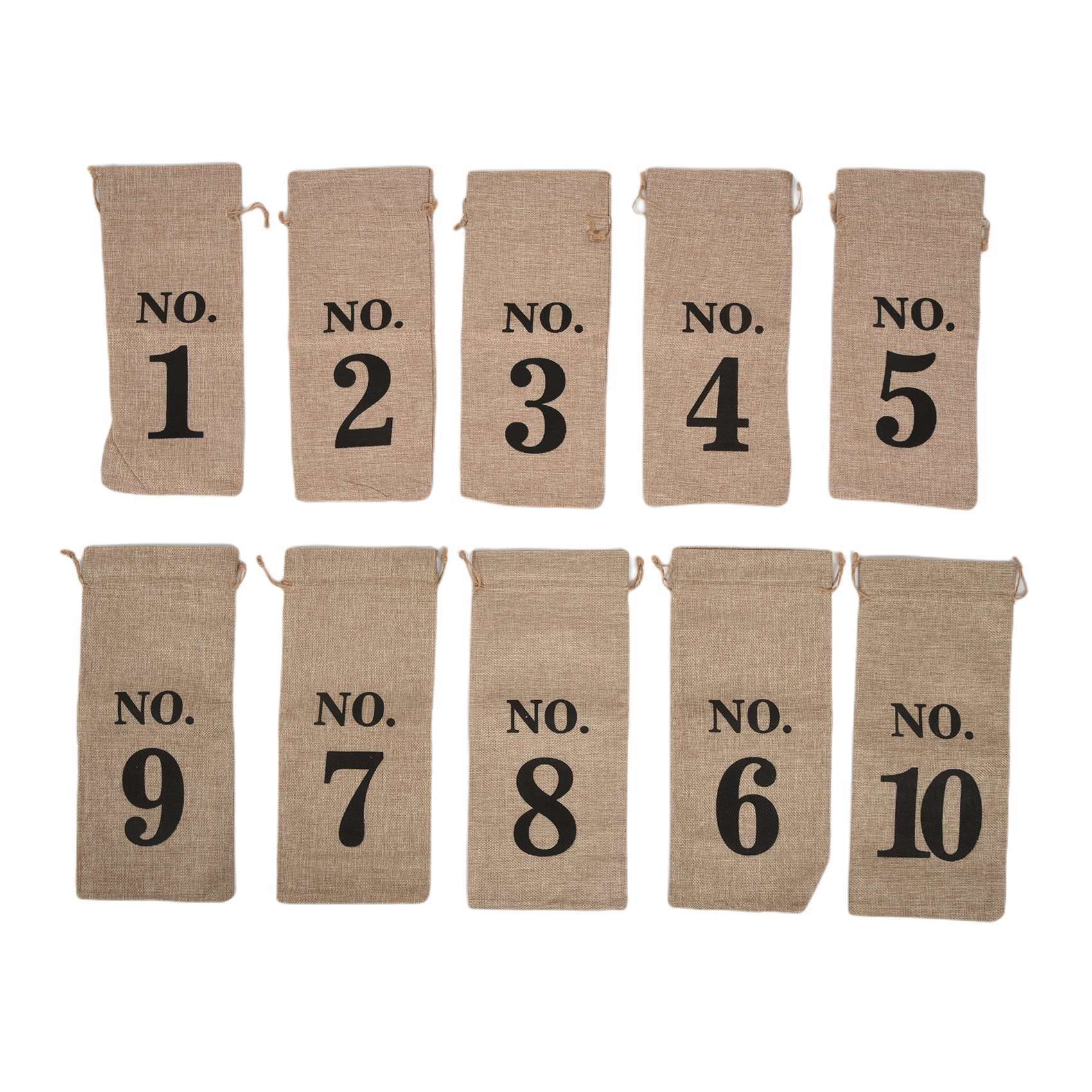 CTRLZS 10Pcs Jute Wine Bags, 14 X 6 1/4 Inches Hessian Numbered Wine Bottle Gift Bags with Drawstring for Blind Wine Tasting (Brown)