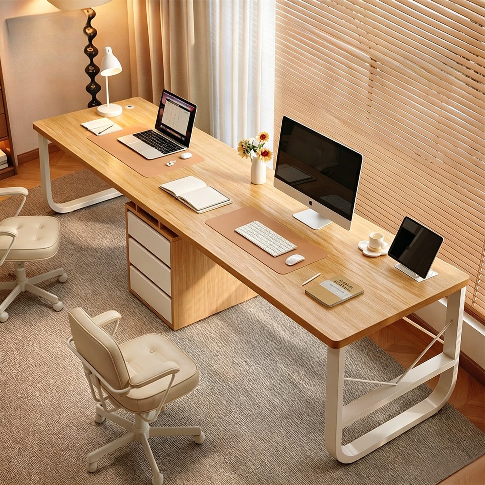 Escritorio de Madera para 2 Personas con cajones, para hogar y Oficina Natural,L200 cm