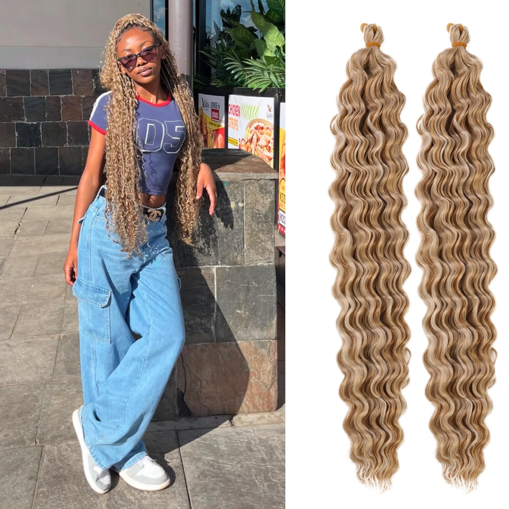 Ash Blonde Deep Wave Crochet Hair for Boho Braids 27/613# Synthetic Blonde Boho Hair for Braiding