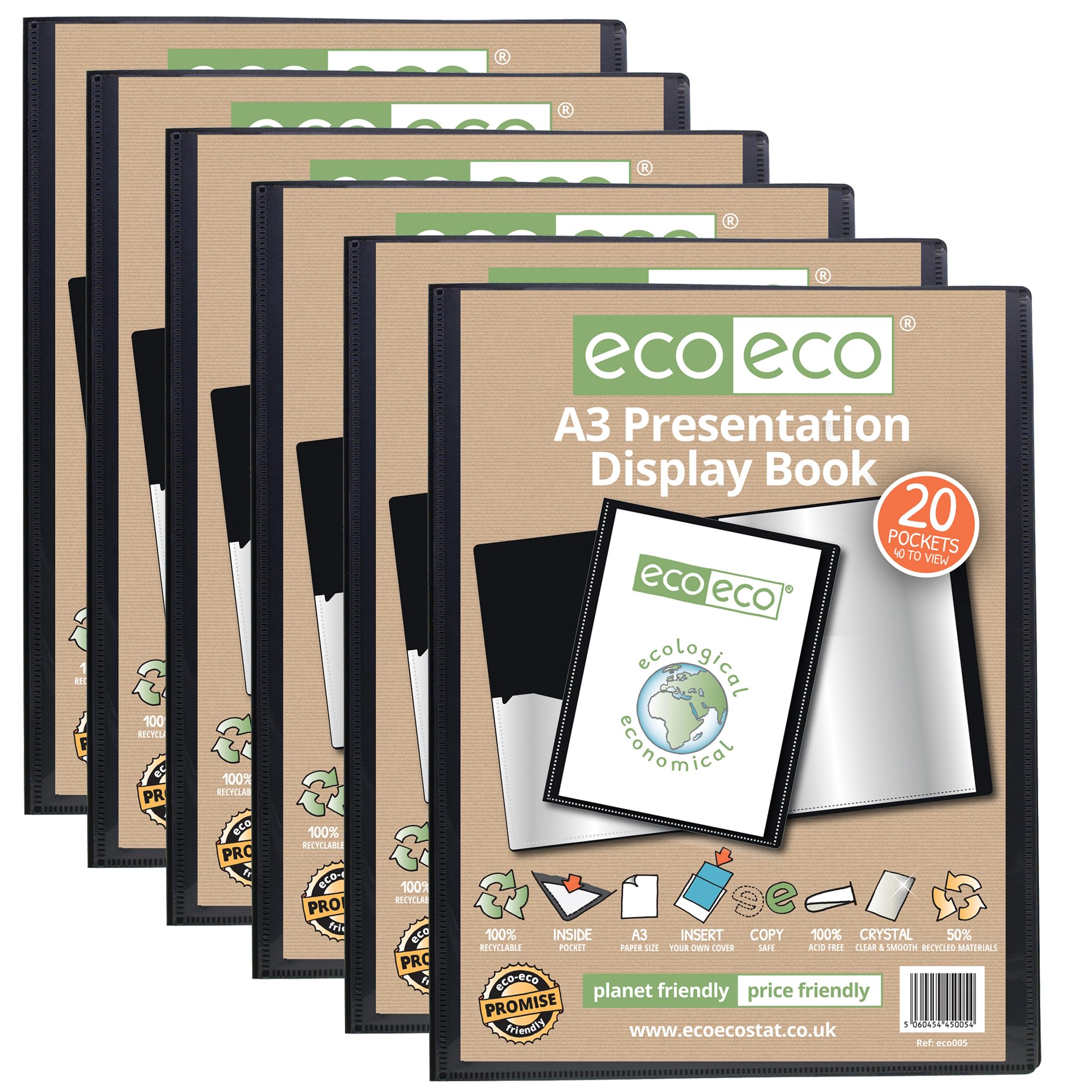 eco-eco Eco005x6 Präsentationsmappe, A3-Format, 50% recycelt, 20 Taschen, Schwarz, Präsentationsmappe mit Kunststoffhüllen, 6 Stück