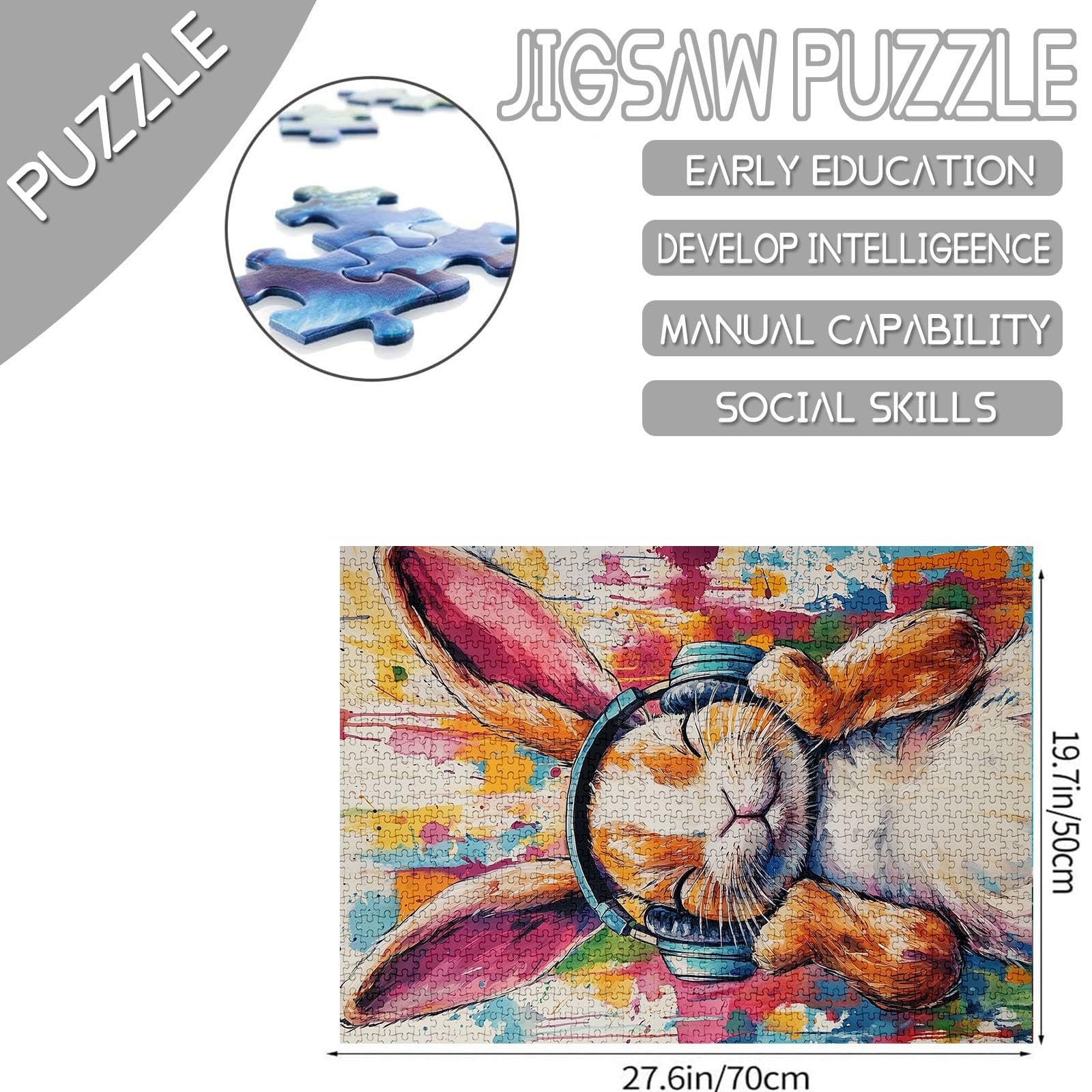 Rabbit Listening to Music Jigsaw Puzzles for Adults 1000 Pieces,Bunny Jigsaw Puzzle Cute Animal Puzzles Art 1000 Pieces Family Puzzle Perfect for Game Nights - Image 2