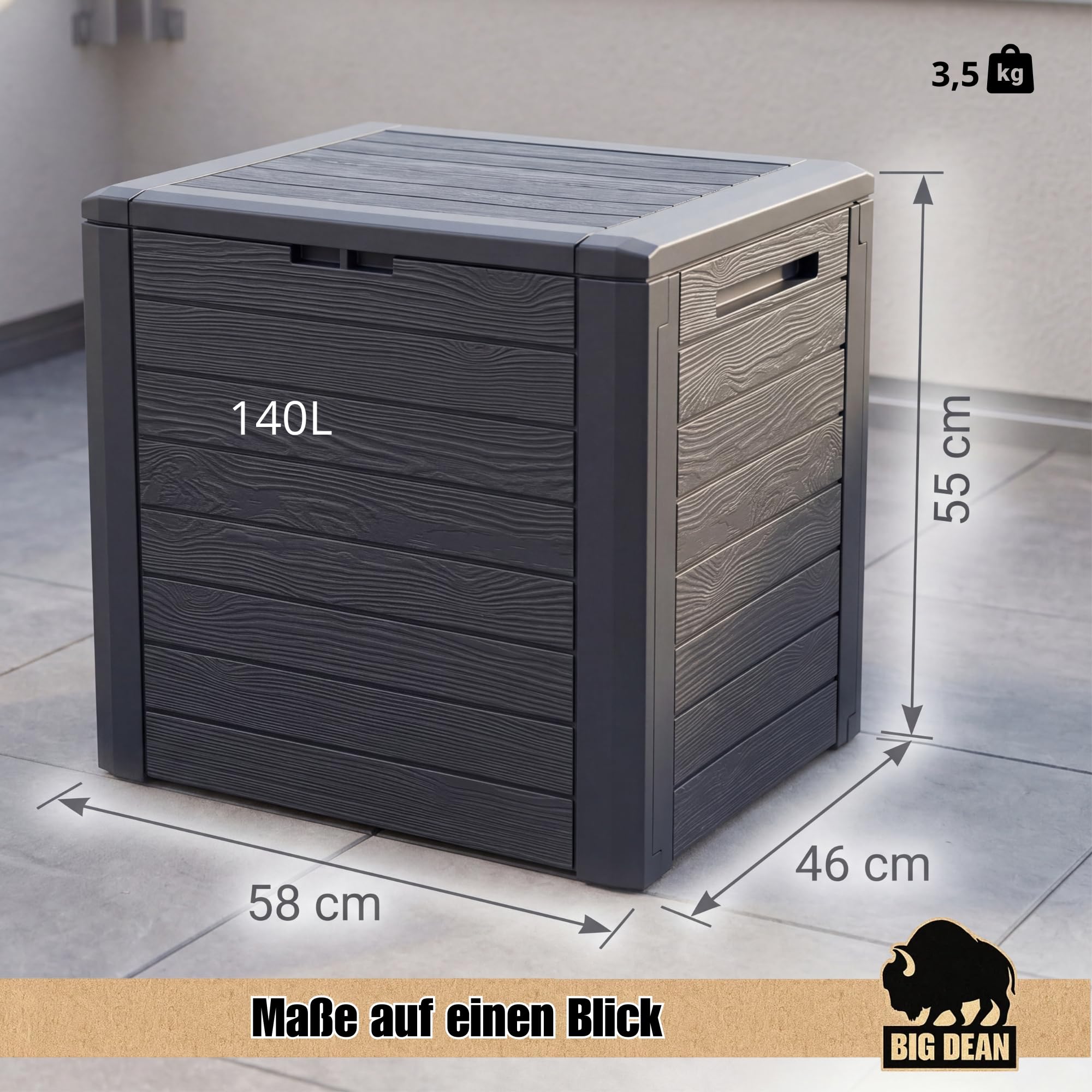 BigDean Gartenbox klein kompakt 140 Liter ideal für Balkon und kleine Flächen, Holzoptik Auflagenbox
