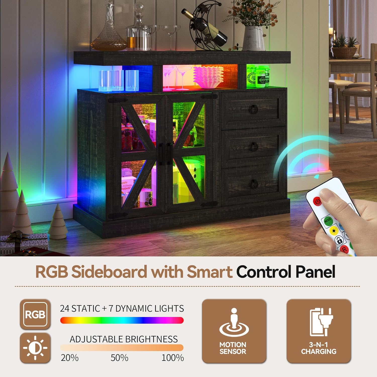 HNEBC LED Farmhouse Sideboard Buffet Cabinet with Storage, Wood Coffee Bar Station Table w/Charging Station, Large Kitchen Storage Cabinet w/Adjustable Shelf and 3 Drawers (Dark Rustic Oak)