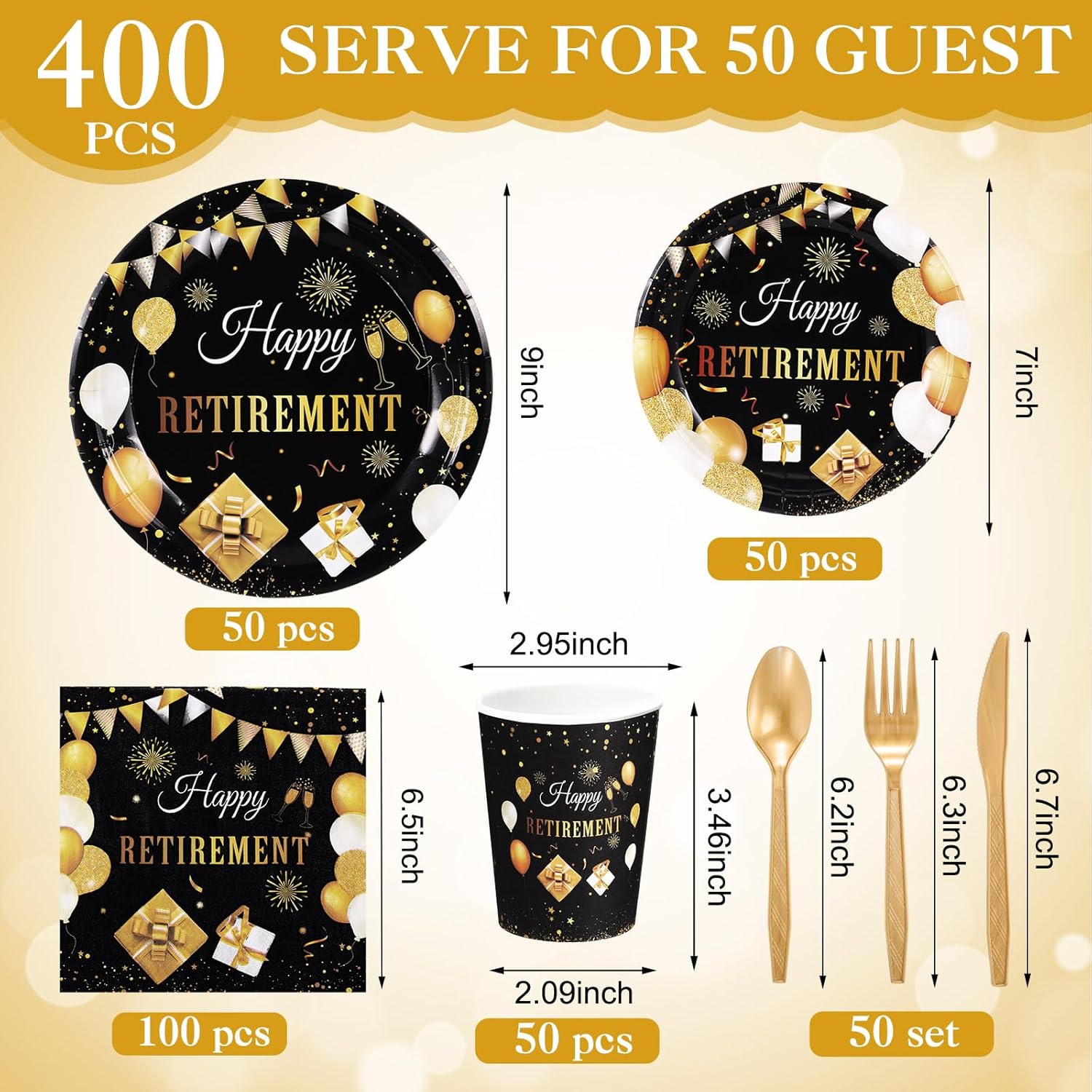 400 Pcs Happy Retirement Party Supplies Black Gold Retirement Disposable Paper Plates Napkins and Cups for Men Women Say Goodbye Decorations