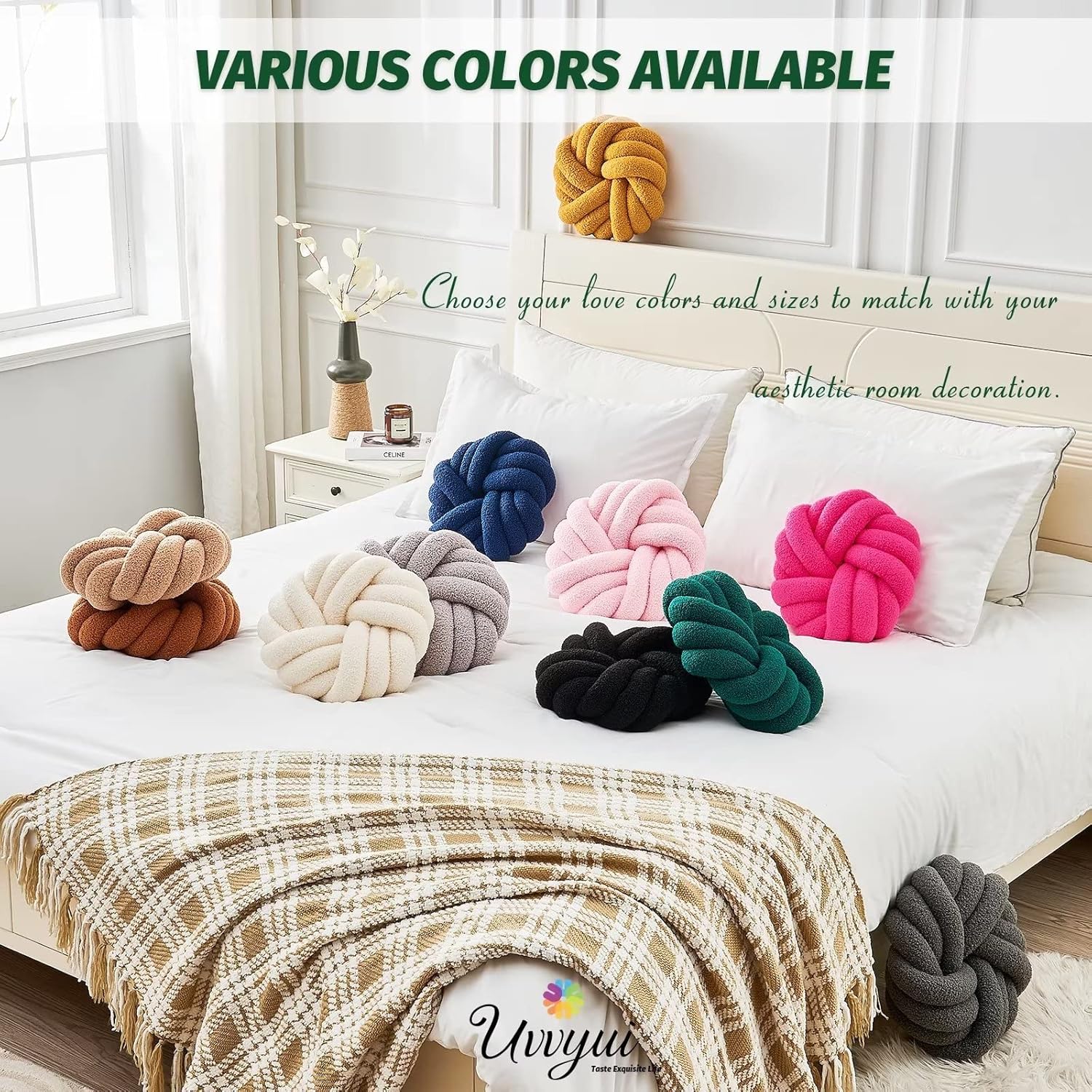 Uvvyui Knot Pillows, 14 Inch Decorative Throw Pillows Round Pillows Cushion, Soft Handmade Knotted Ball Pillow Plush Cushion Home Decor for Bed Couch Living Room (Dark Green, 14 Inch)