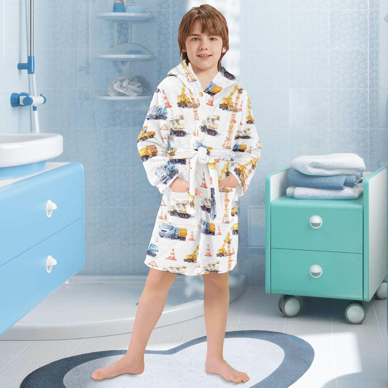 Watercolor Construction Vehicles Cars Bathrobe Hooded PJ Robe Soft Fleece Robe Pajama Sleepwears 2-12 Years