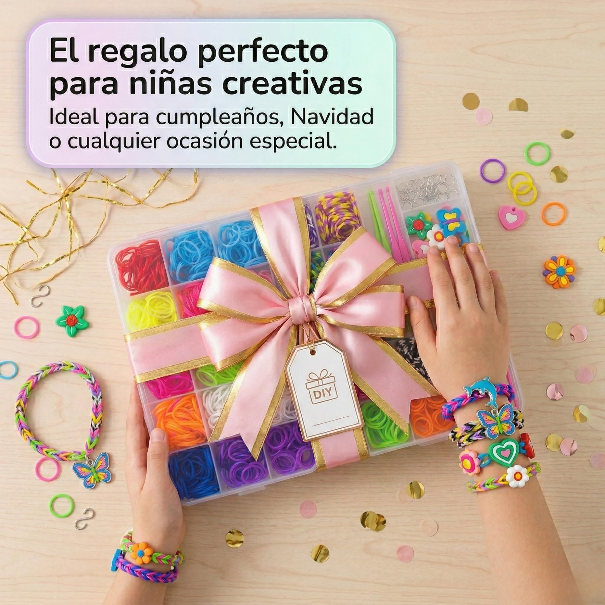 Kit gomas para hacer pulseras de 2000 piezas | Kit pulseras de 24 colores ideal para niña con abalorios y herramientas | Set creativo con cuentas para hacer pulseras, manualidades y regalo original — view 9