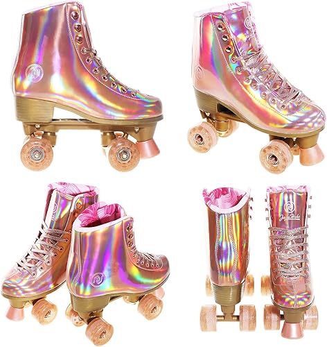 Miniatura 6 de Patines holográficos de piel sintética para mujer, patines holográficos de doble fila, cuatro ruedas brillantes para niñas y edades de 8 a 50 años