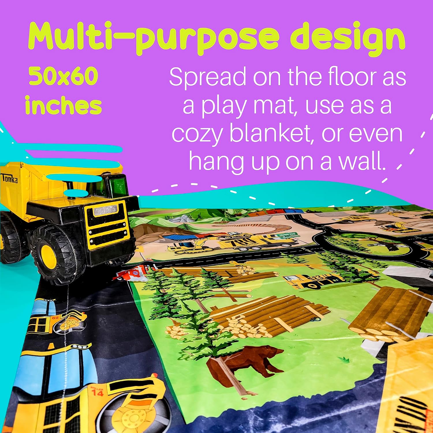 Birdy Boutique Construction Learning Blanket® Double-Sided Educational Throw for Kids, Vehicles Tools Signs, Ultra-Soft Minky Plush 50x60, Preschool Toddler Daycare Nap, Birthday Gift