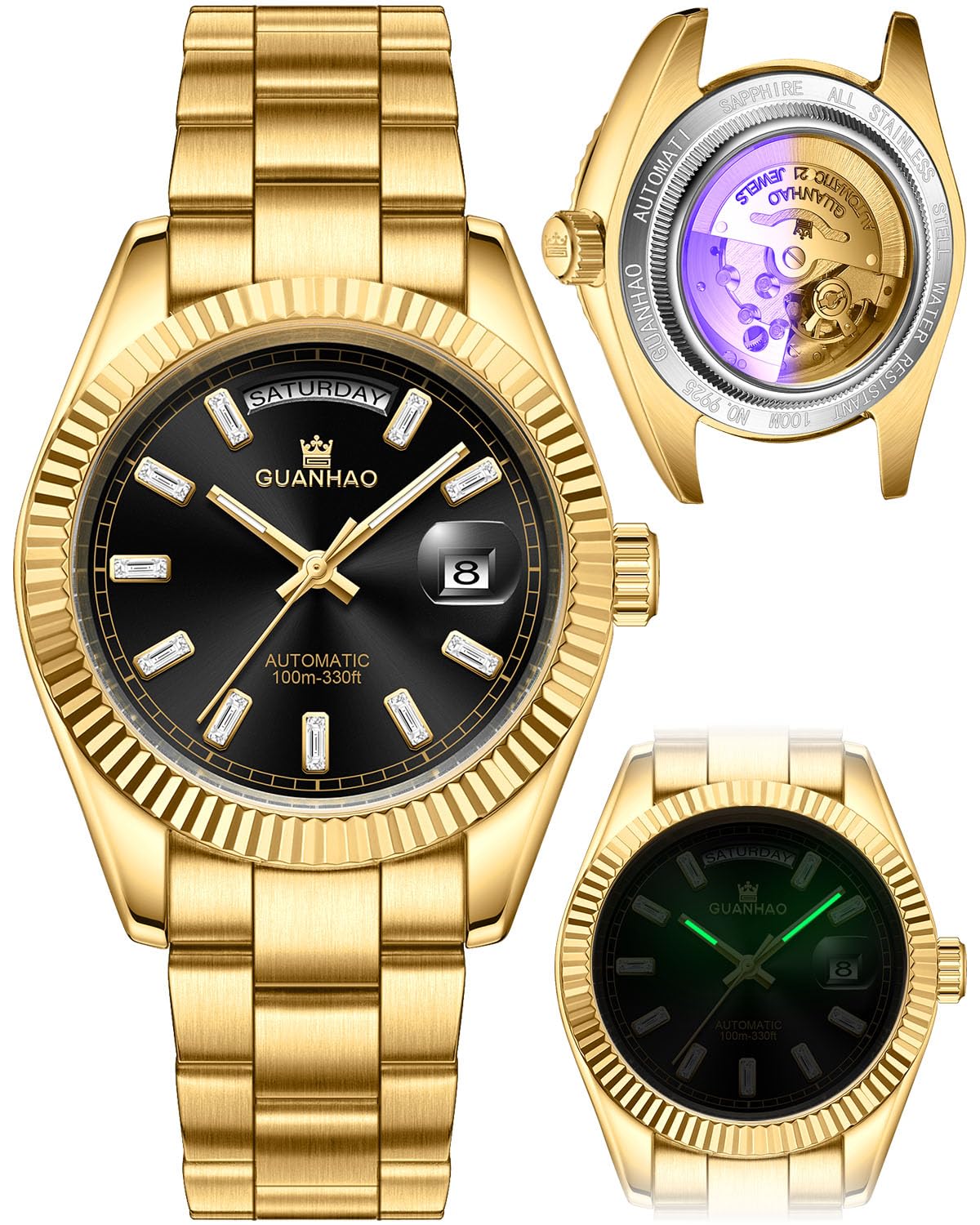 GUANHAOMen's Automatic Mechanical Business Luxury Watch,40mm Luminous Dial,100 Meter Water Resistant,Luxury Fashion Business Casual Sport Designer Watch with Calendar Function,Stainless Steel Strap.