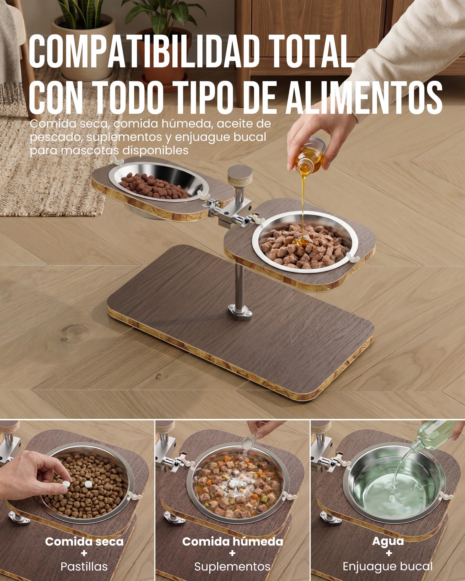 kittyspout Comedero Elevado para Perros con Altura e inclinación Ajustables | Soporte de madera FSC clase E0, 2 cuencos de acero inoxidable aptos para lavavajillas, base antideslizante