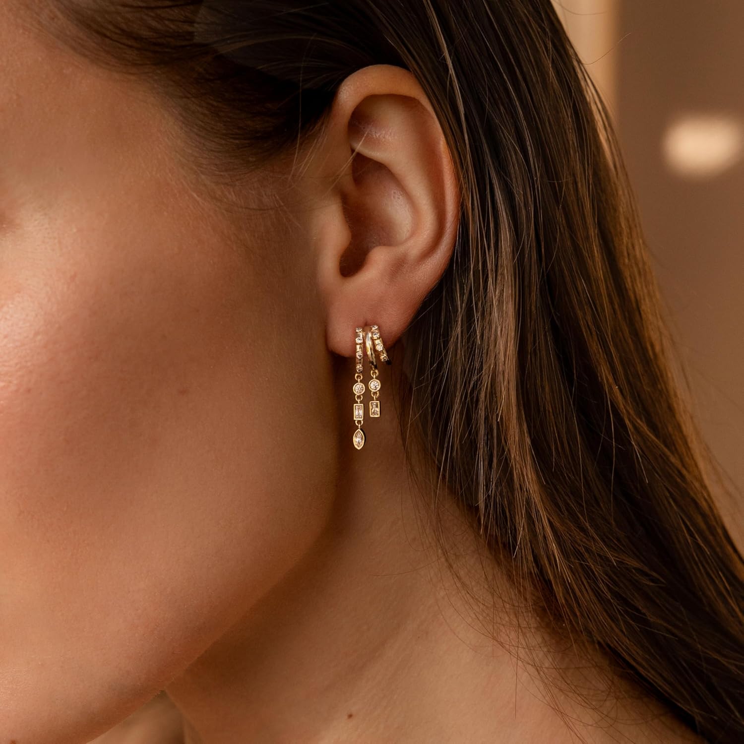 Dangle Earrings For Women, Dainty Gold Drop Statement Earrings 14K Gold Plated Long Huggie Earrings for Women Trendy Hypoallergenic Dangly Earrings Small Triple Hoops Earrings Fashion Jewelry - Image 4