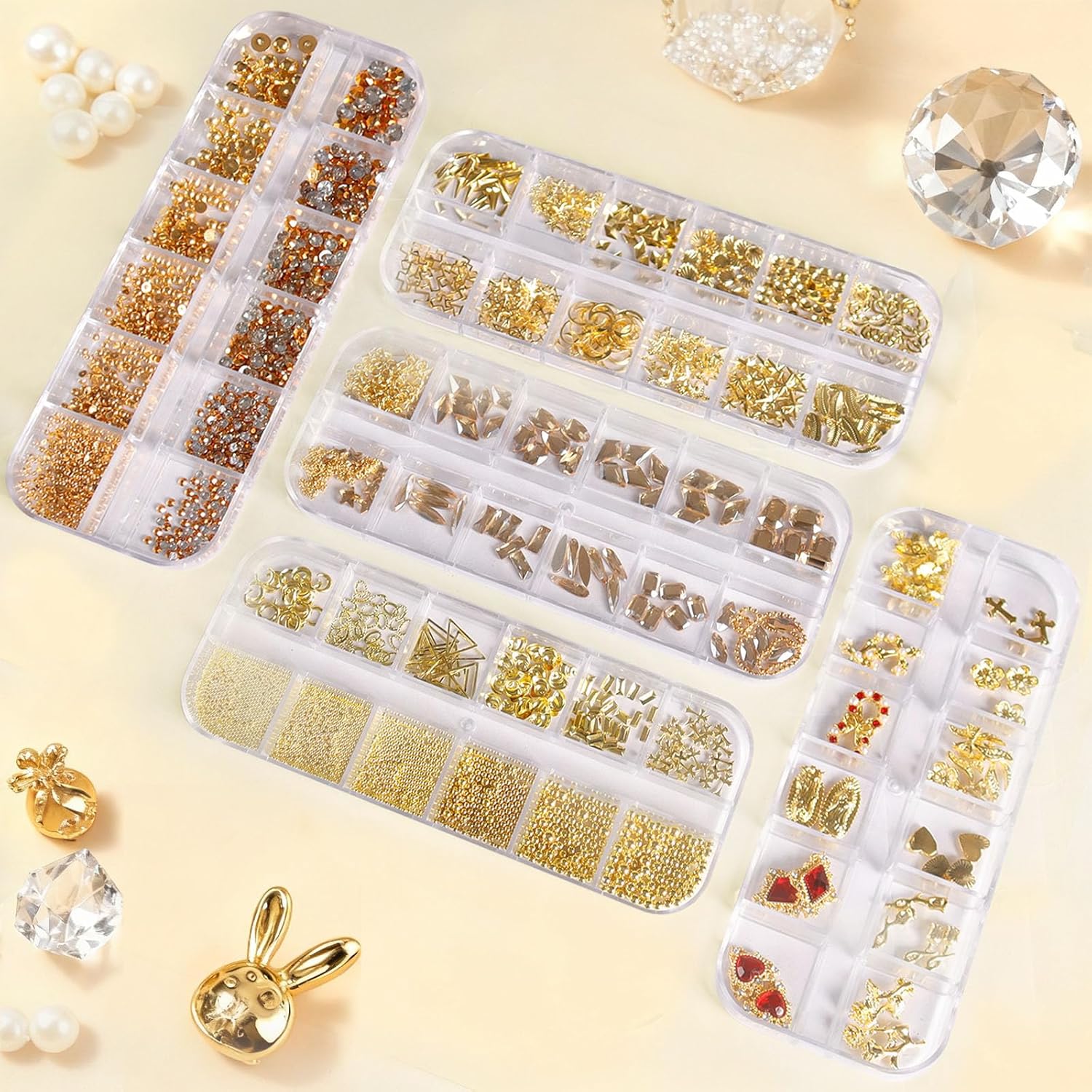 SIUSIO Gold Nail Charms and Gems Kit, 5 Boxes Metallic Nail Art Gems Flatback Crystal Champagne Rhinestones Gold Caviar Beads 3D Cross Stars Rose Hearts Virgin Mary Bow Gemstones for Nails Manicure - Image 8
