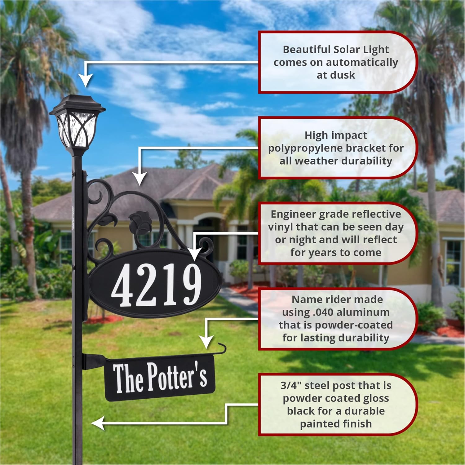 Address America USA Handcrafted Park Place Oval Reflective 911 Home Address Sign for Yard with Name Rider and Solar Light 48 inch Pole